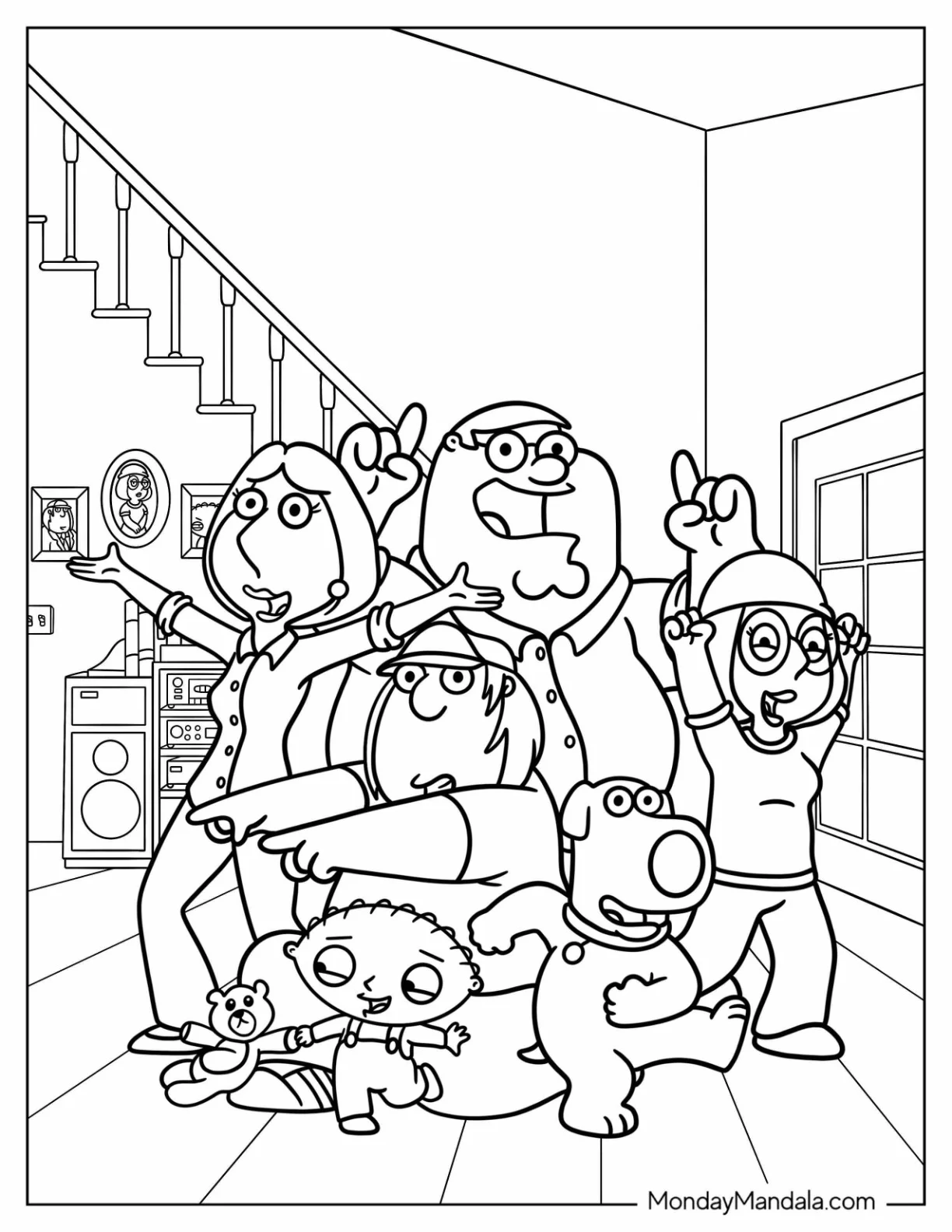 Family Guy Coloring Page Of Peter, Lois, Chris, Meg, Brian, And Stewie Cheering Inside House coloring page
