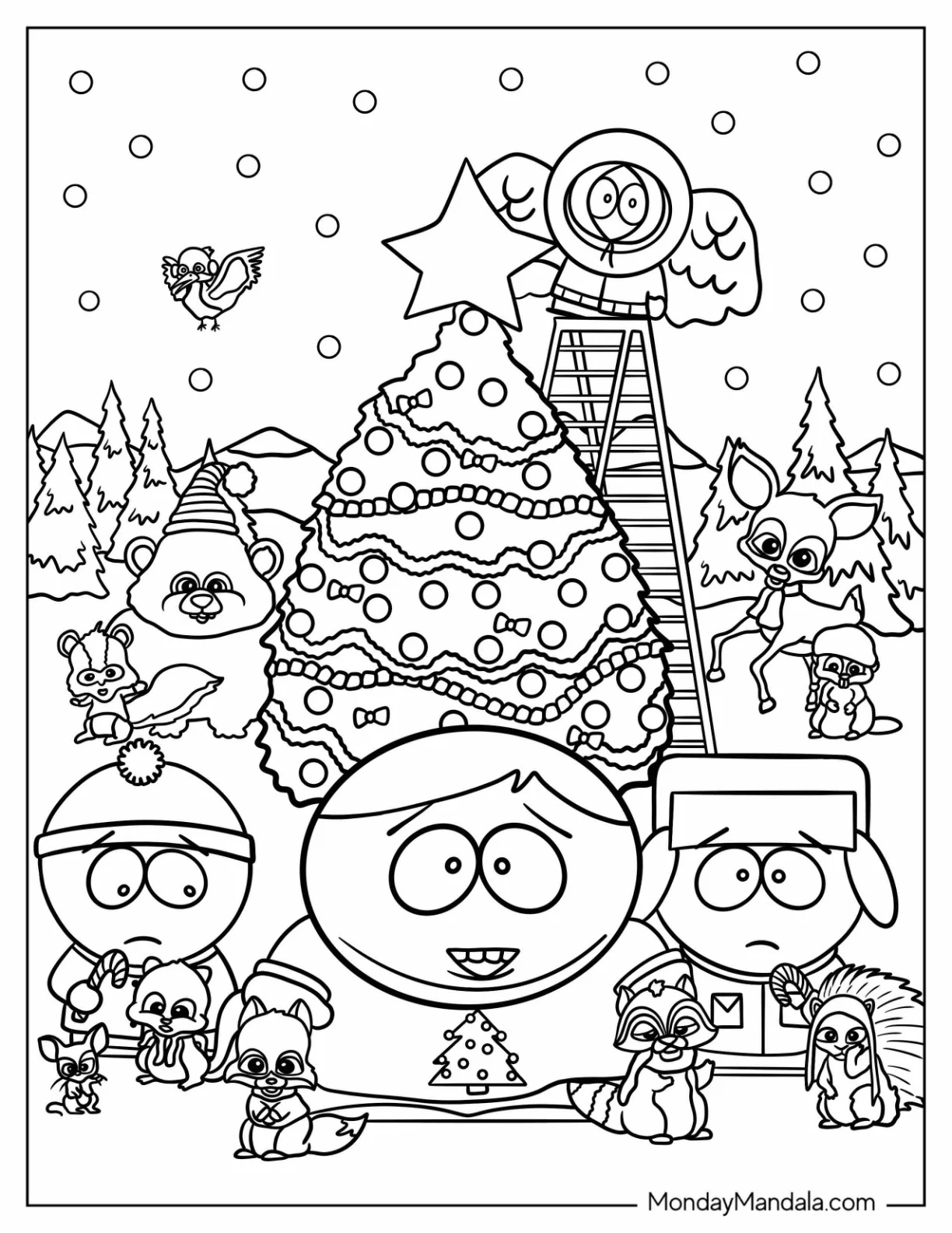 Detailed South Park Coloring Page Of Kyle, Kenny, Stan, And Eric Decorating Christmas Tree With Forest Animals coloring page