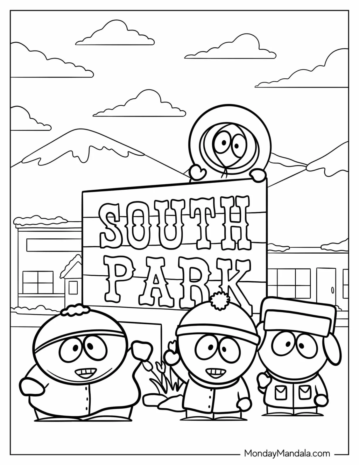 Eric, Stan, Kenny, And Kyle In Front Of South Park Coloring Page coloring page