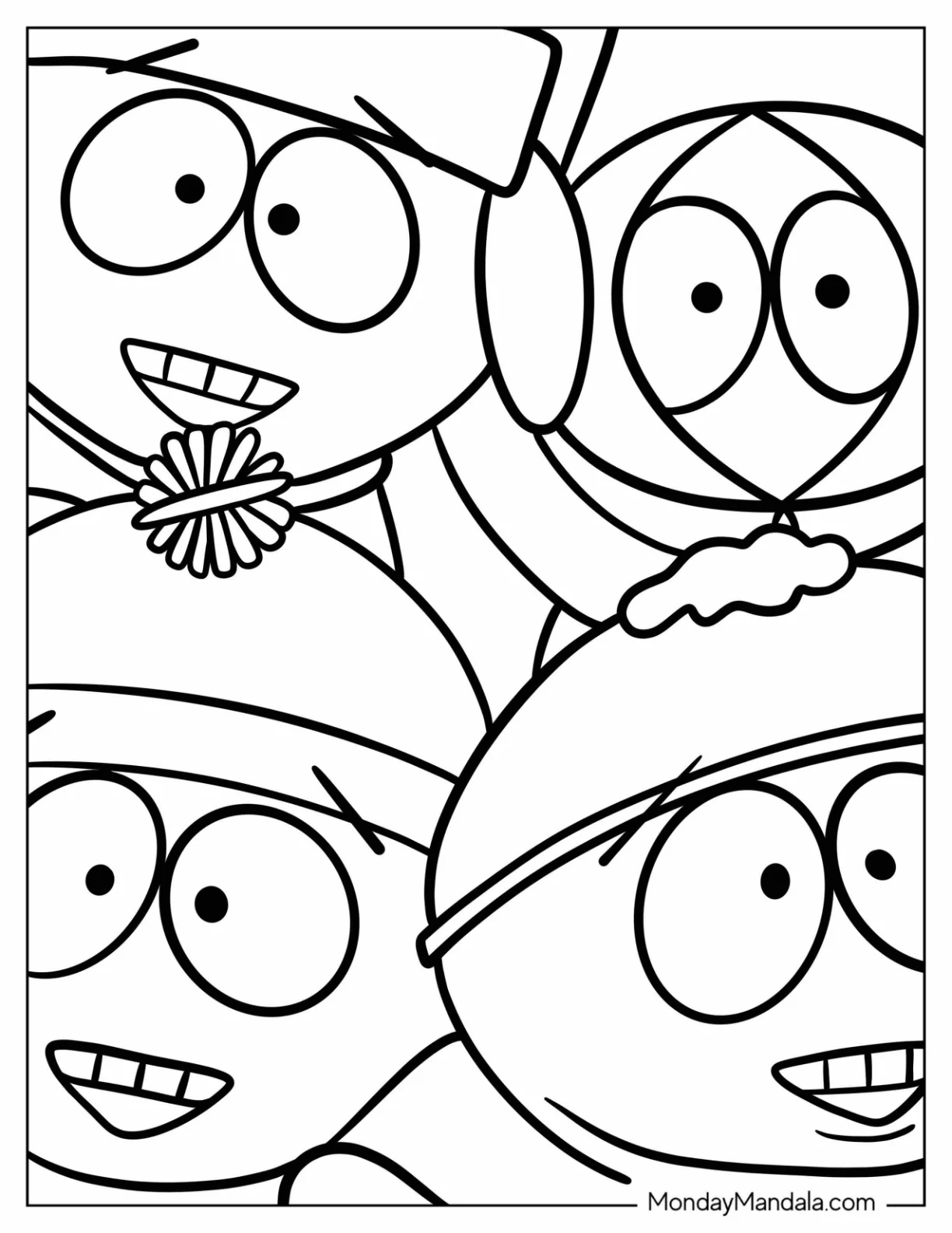 South Park Coloring Page Of Kawaii Kenny, Kyle, Eric, And Stan For Kids coloring page
