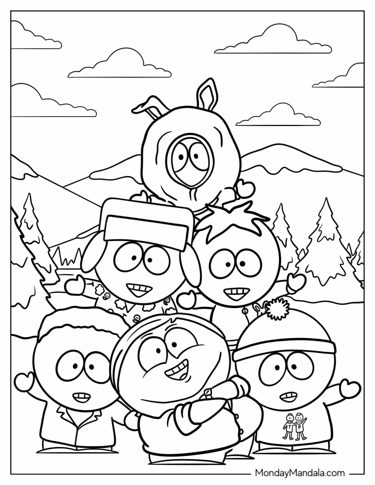 South Park Coloring Page Of Kenny, Kyle, Stan, Tolkein, Eric, And Butters Forming Pyramid coloring page