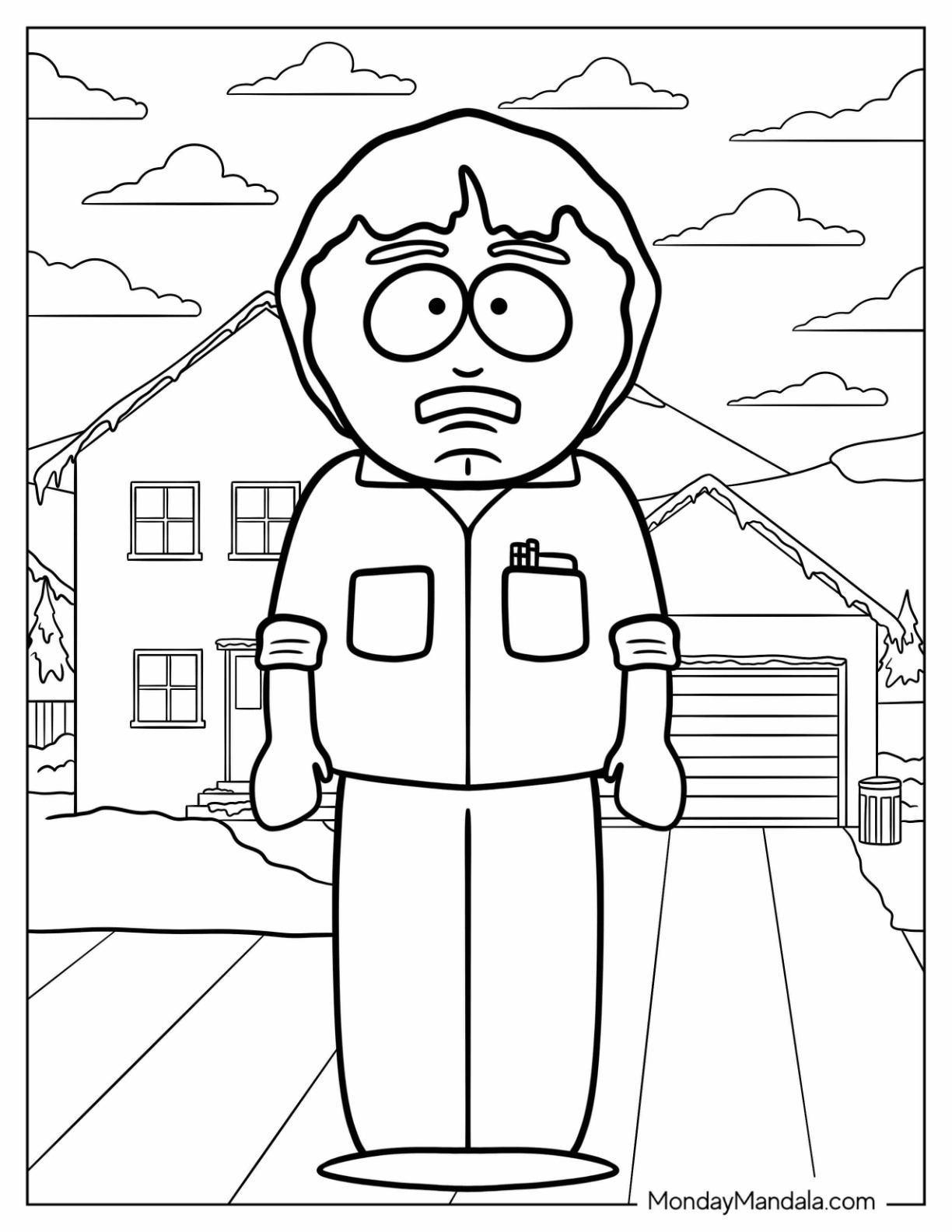 South Park Coloring Page Of Randy Marsh Standing In His Driveway coloring page — printable line art