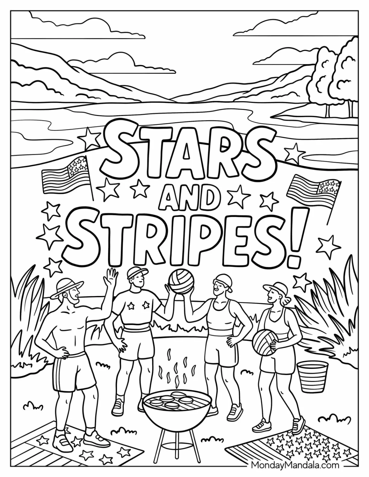 4th of July Coloring Page Beach Party with Volleyball, Grill, and Flags coloring page