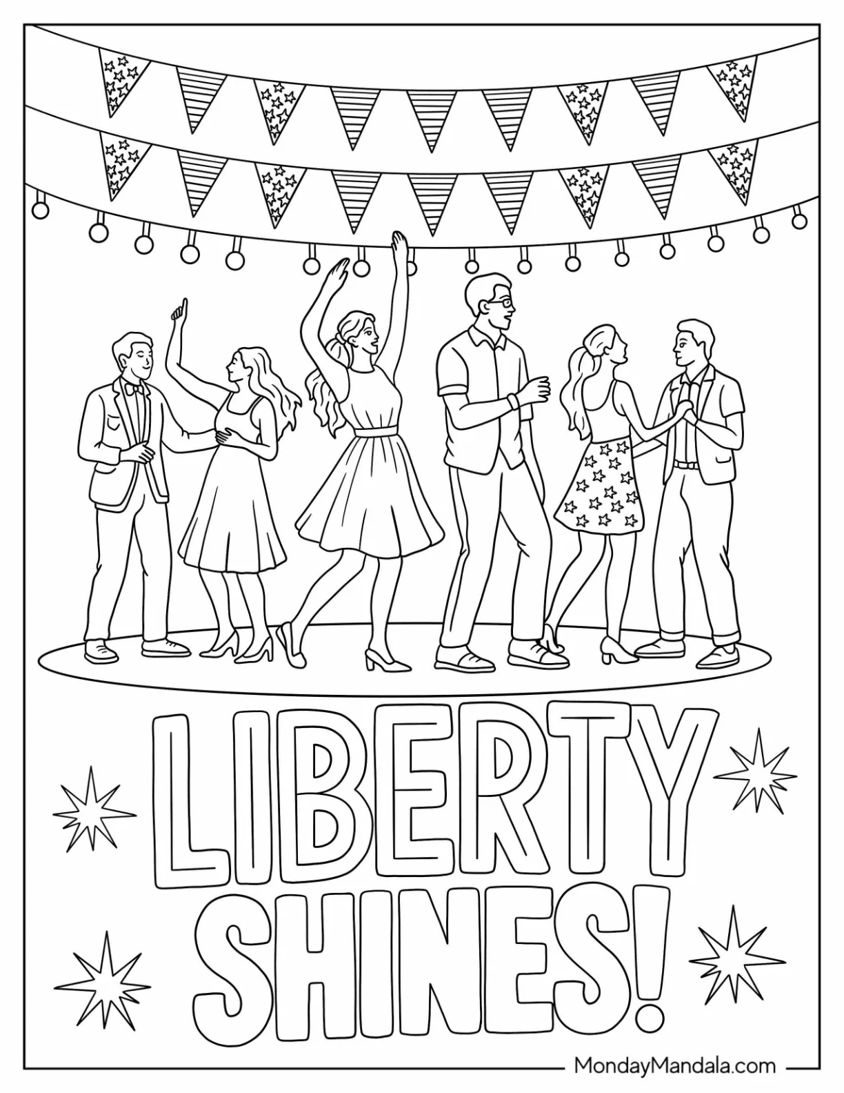 4th of July Coloring Page Celebration with Music, Dancing, and Festive Lights coloring page