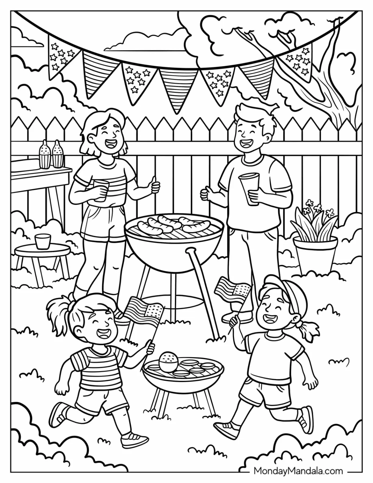 4th of July Coloring Page Family Grill Party with Smiling Kids and Grilled Hot Dogs coloring page