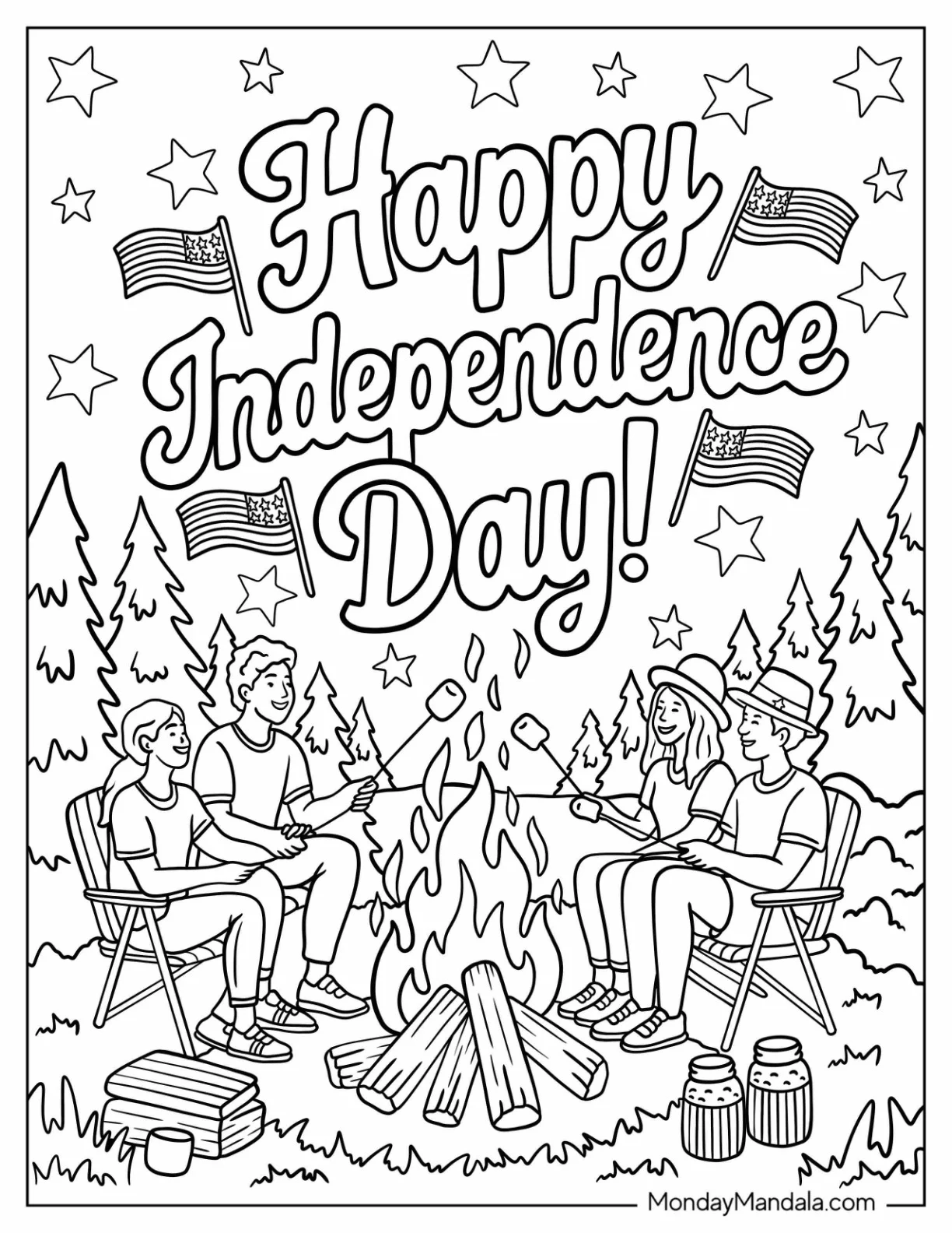 4th of July Coloring Page of Campfire Gathering with Friends Celebrating Independence Day coloring page — printable line art