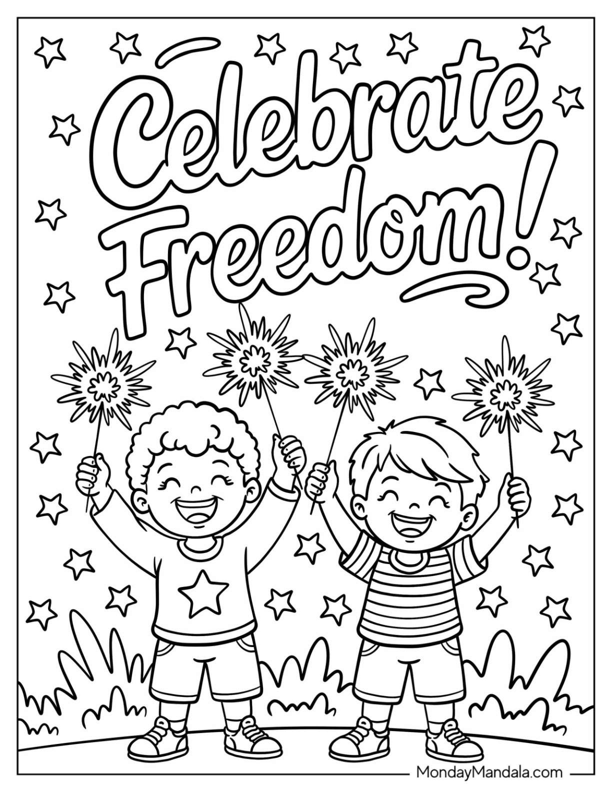 4th of July Coloring Page of Celebrate Freedom Text Above Two Boys Waving American Flag coloring page — printable line art