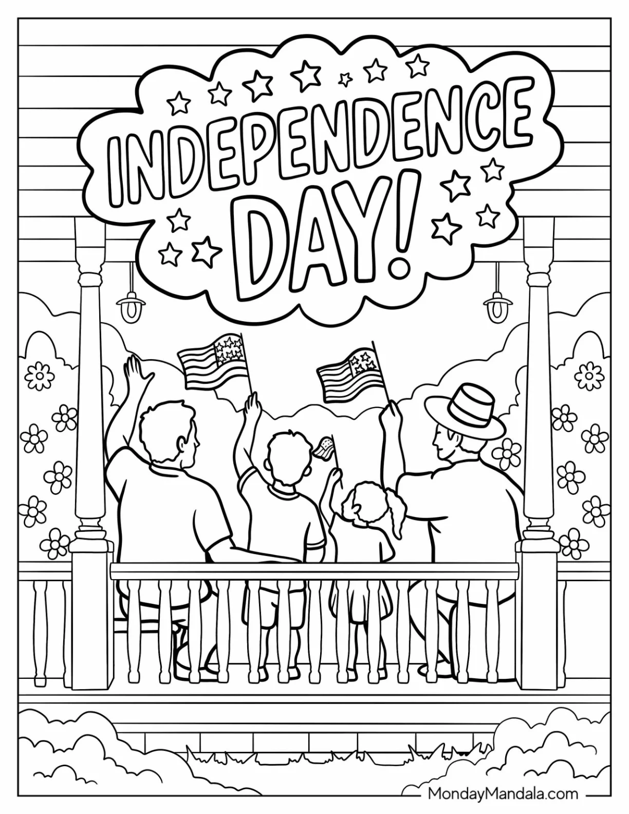 4th of July Coloring Page of Family Waving Flags from Porch on Independence Day coloring page — printable line art