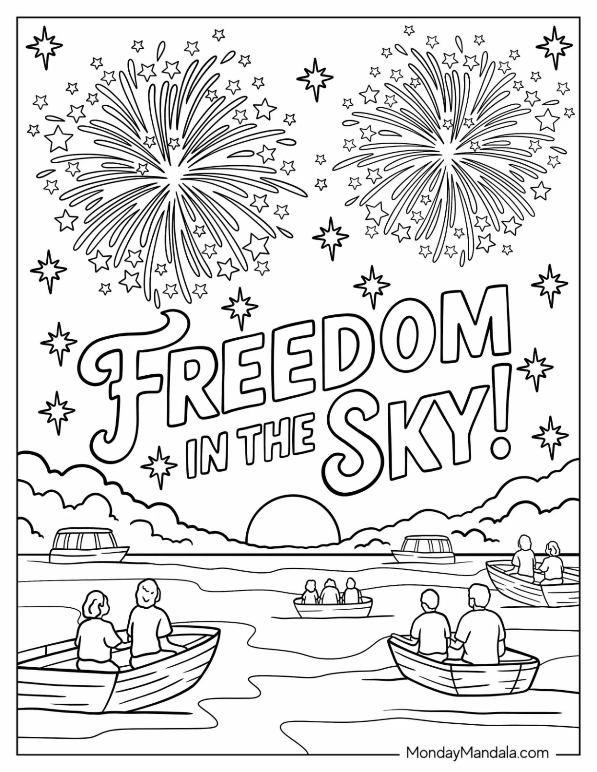 4th of July Coloring Page of Freedom in the Sky Text With Fireworks and People on Boats coloring page — printable line art