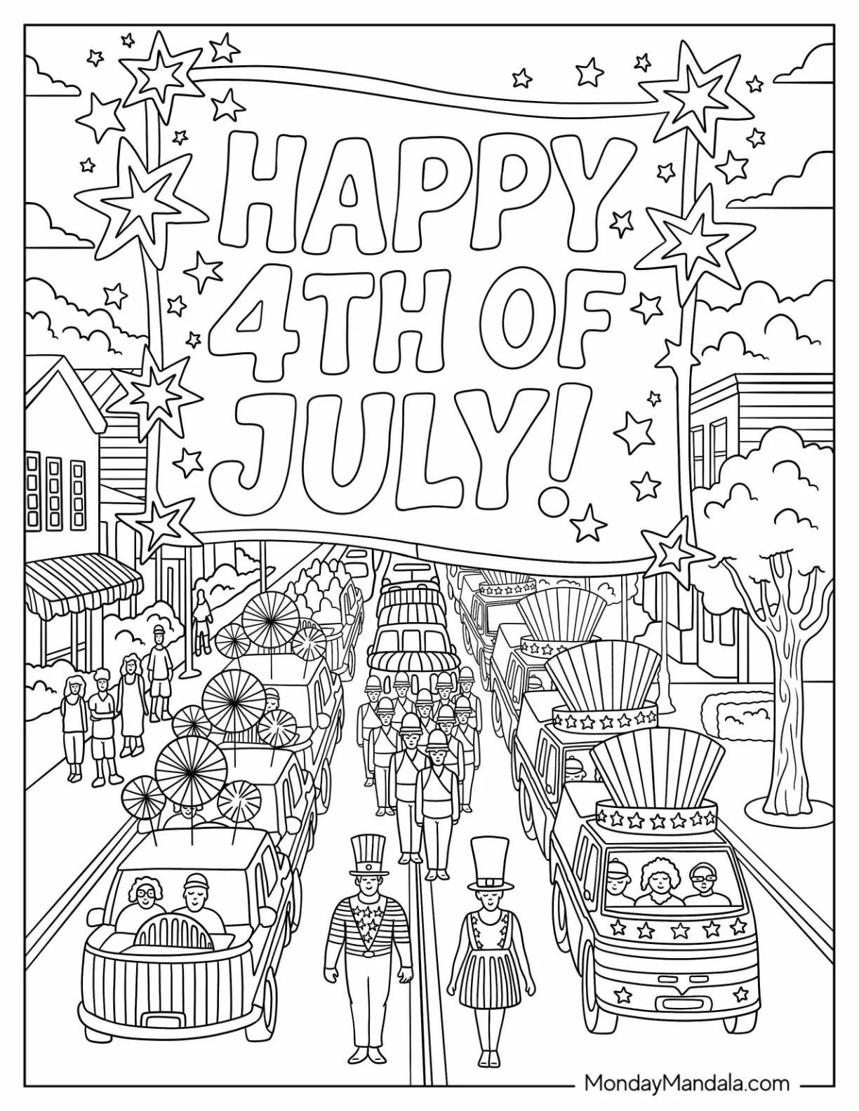 4th of July Coloring Page Parade with Floats, Marchers, and Patriotic Banner coloring page