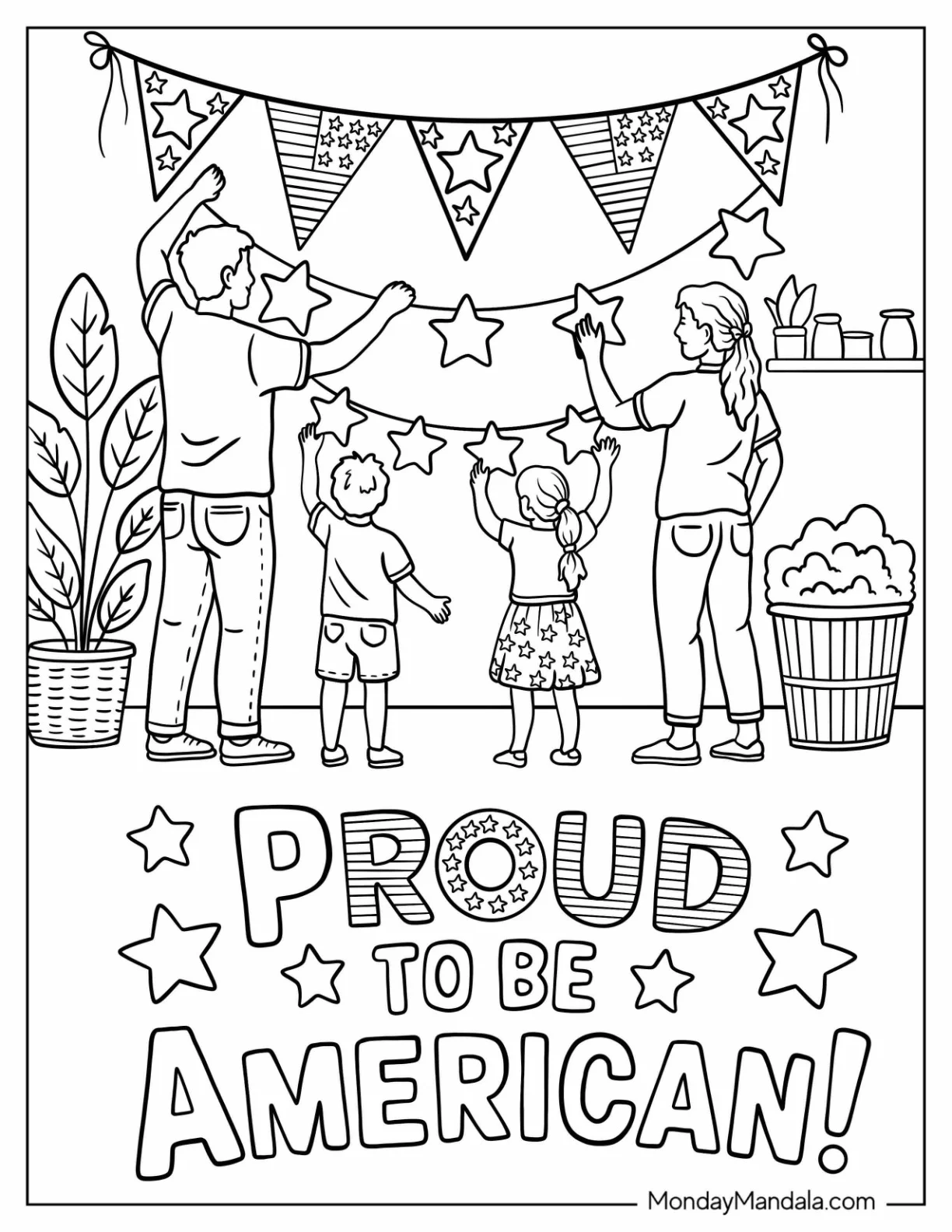 4th of July Coloring Page Proud to be American Text with Family Hanging Up Banners for Kids coloring page