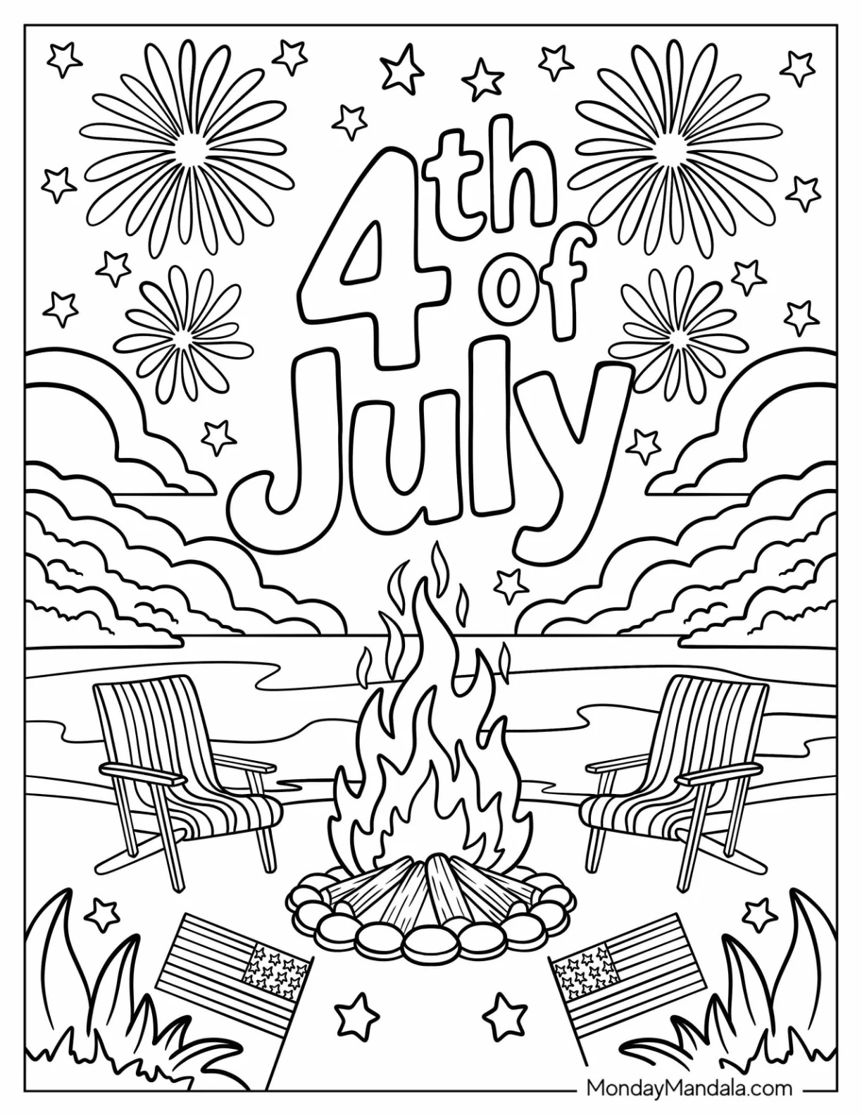4th of July Coloring Page Text Above Bonfire on a Beach coloring page