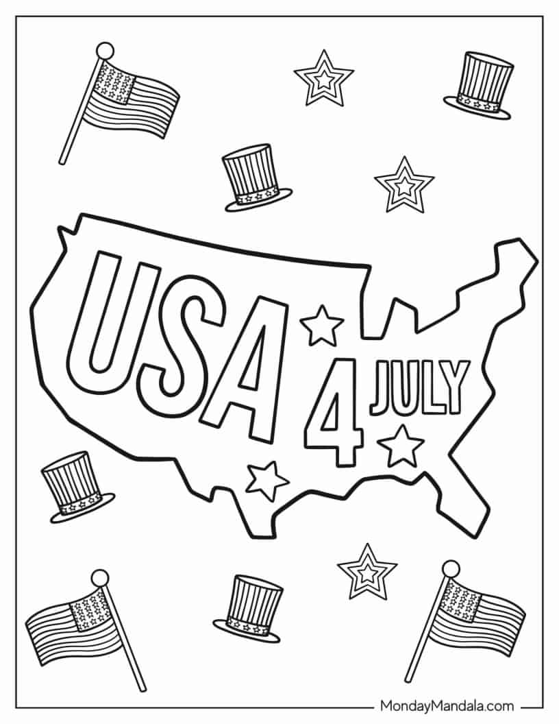 America Map 4th July To Color coloring page