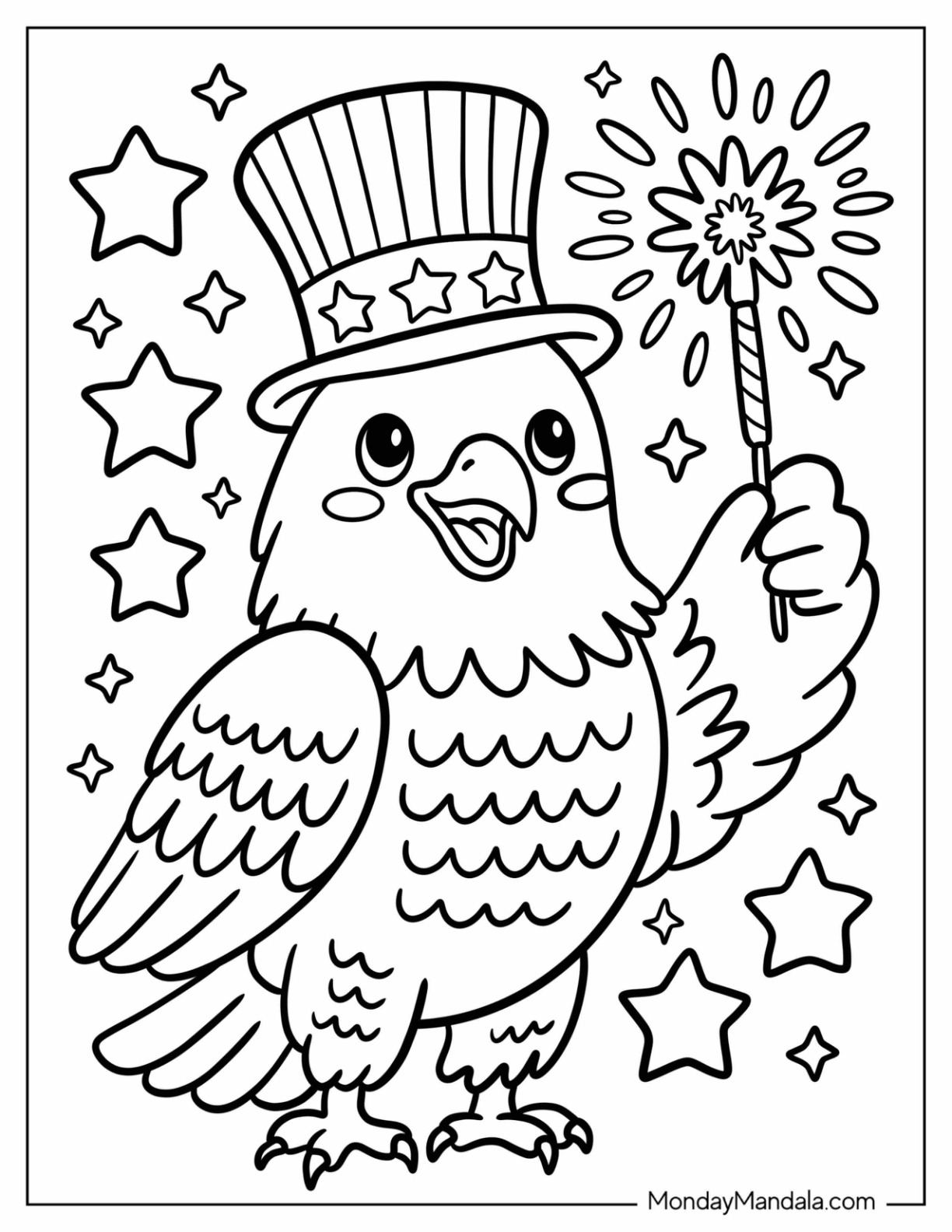 Bald Eagle in Uncle Sam Hat Holding Sparkler 4th of July Coloring Page for Kids coloring page