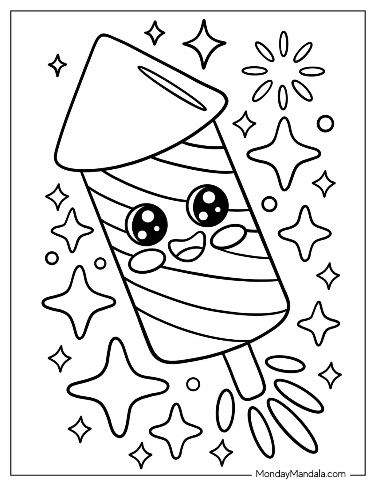 Cartoon Firecracker Exploding with Joy on 4th of July Coloring Page for Preschoolers coloring page