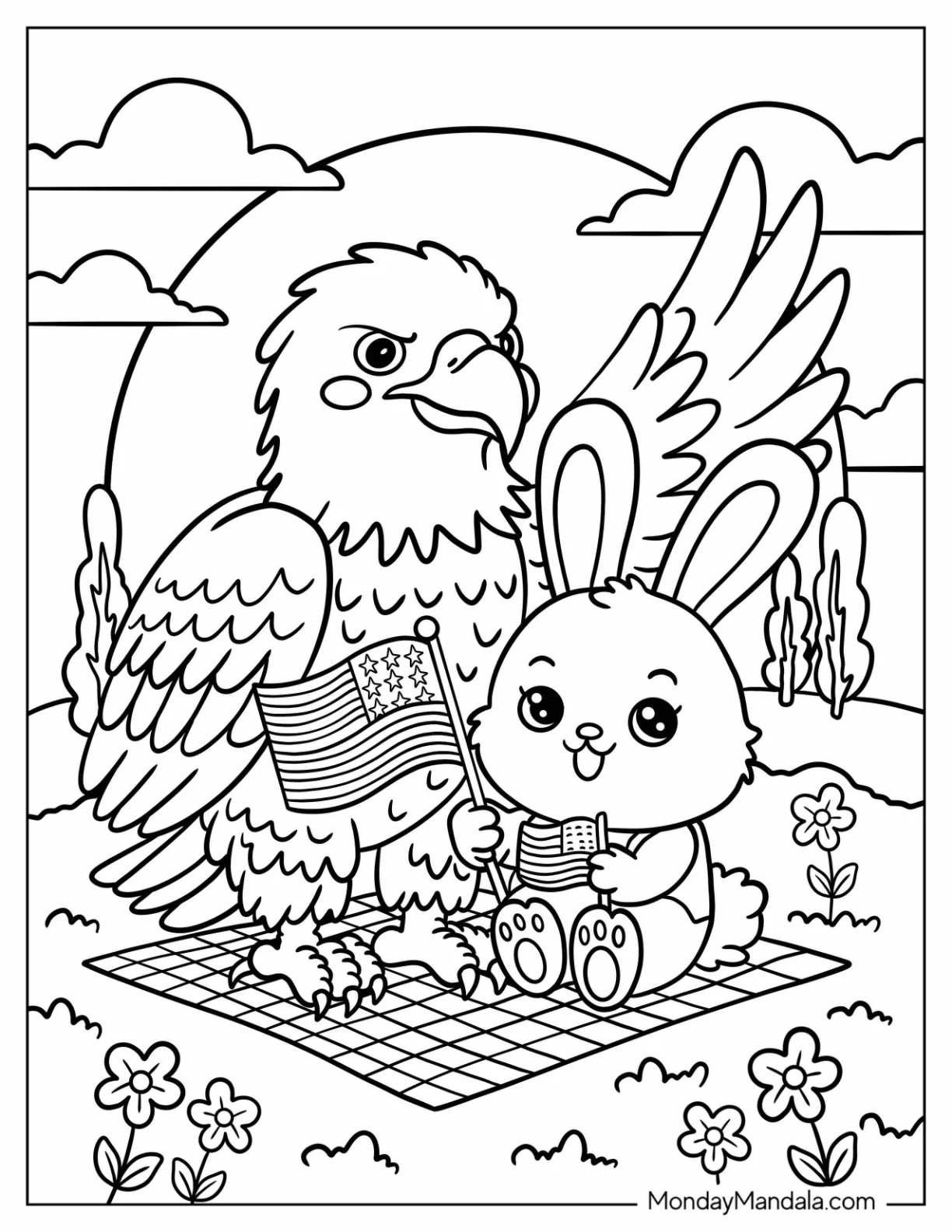 Cartooon Rabbit and Eagle on a Picnic Mat With American Flag on 4th of July Coloring Page for Kids coloring page