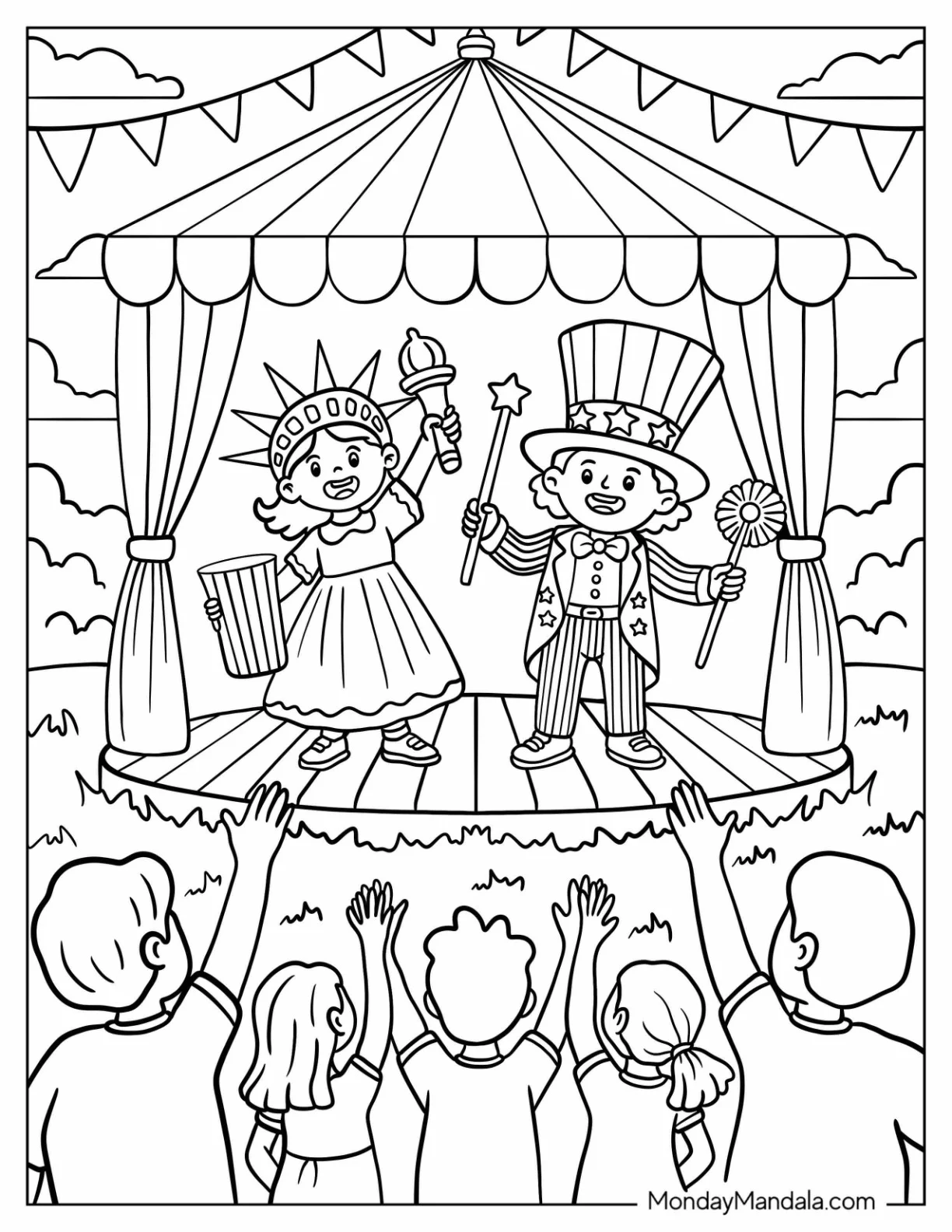 Children Performing as Uncle Sam and Lady Liberty in a 4th of July Coloring Page Show for Kids coloring page — printable line art