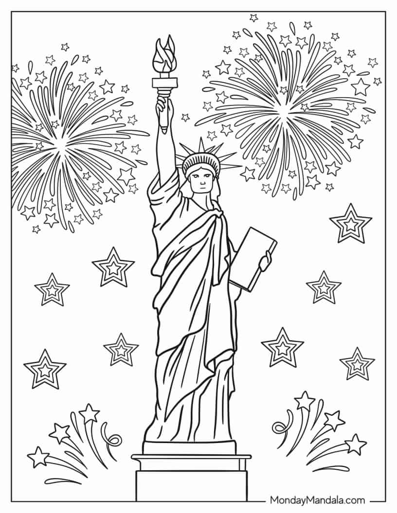 Coloring Page Of Statue Of Liberty With Fireworks Going Off coloring page