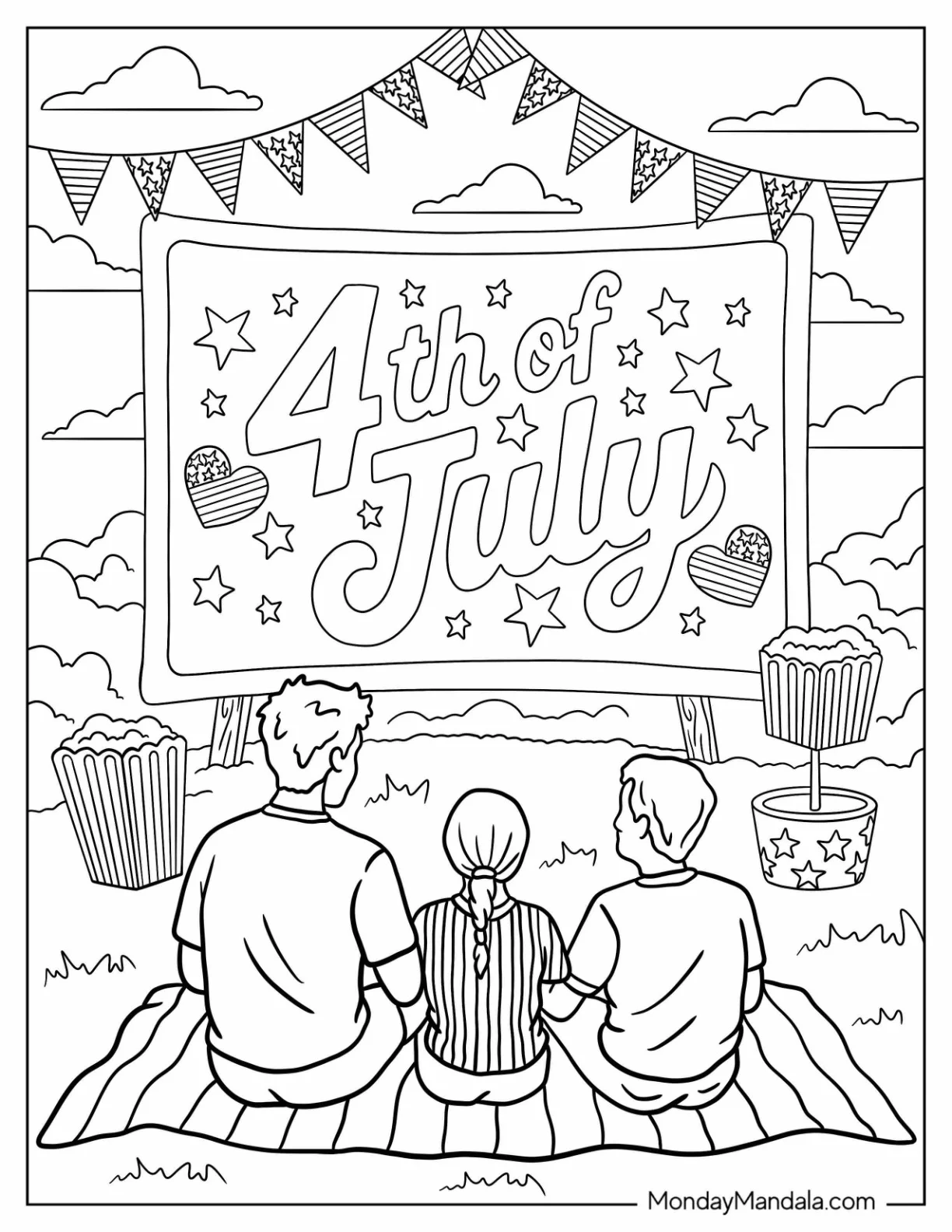 Family Watching 4th of July Coloring Page Display at Outdoor Celebration coloring page