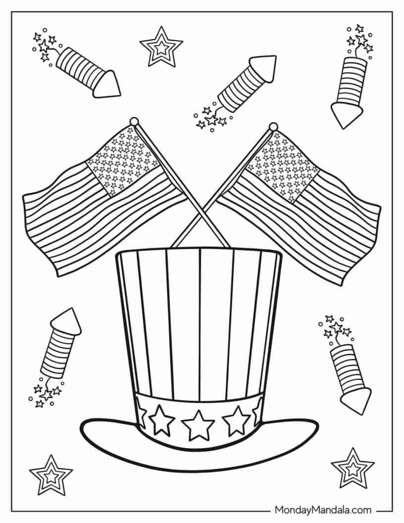 Fireworks With American Flags During Independence Day coloring page
