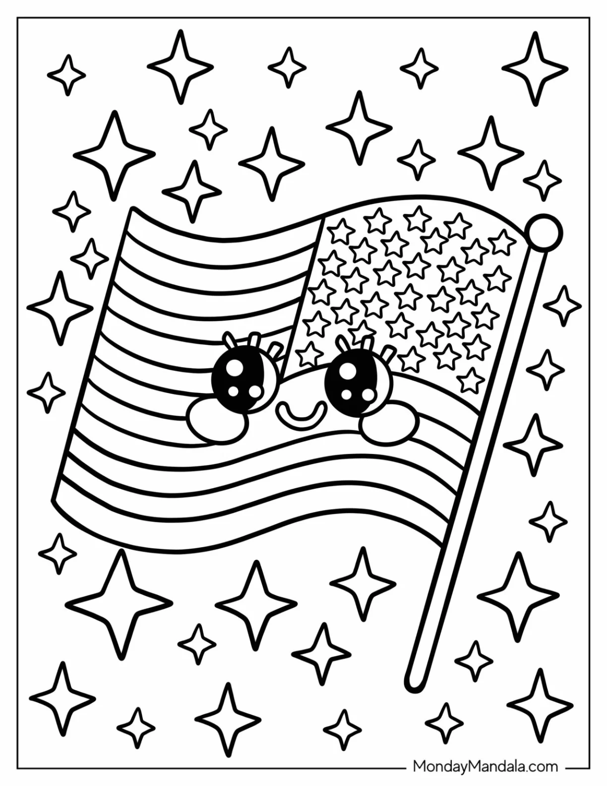 Happy American Flag with Sparkling Stars 4th of July Coloring Page for Kids coloring page — printable line art