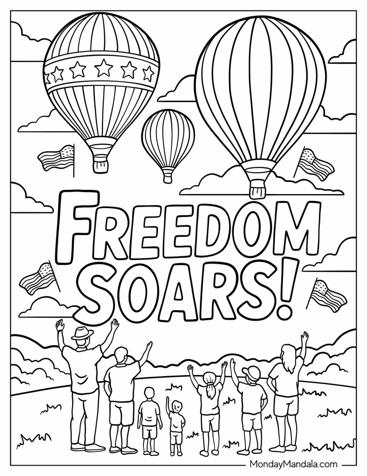 Hot Air Balloons Above Family Waving on 4th of July Coloring Page coloring page — printable line art