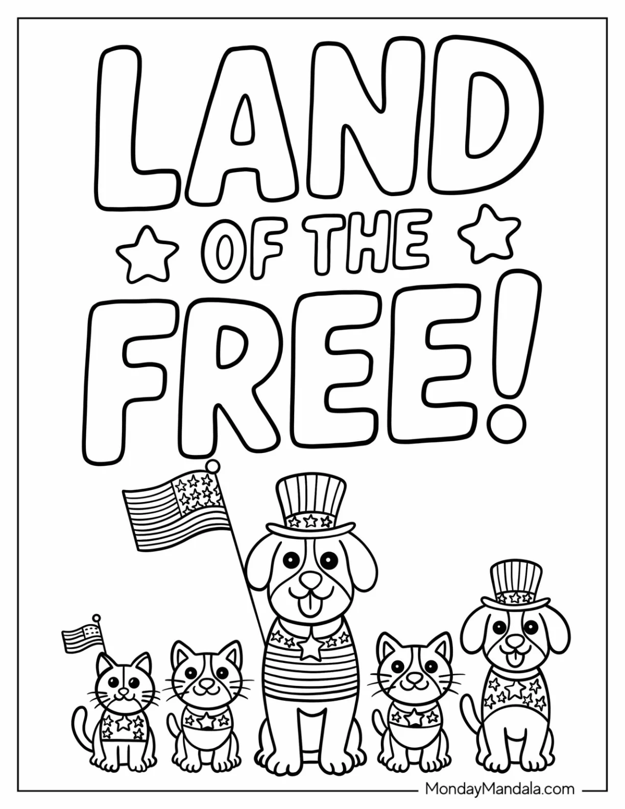 Patriotic Cats and Dogs in 4th of July Coloring Page Costumes with Flags for Preschoolers coloring page — printable line art
