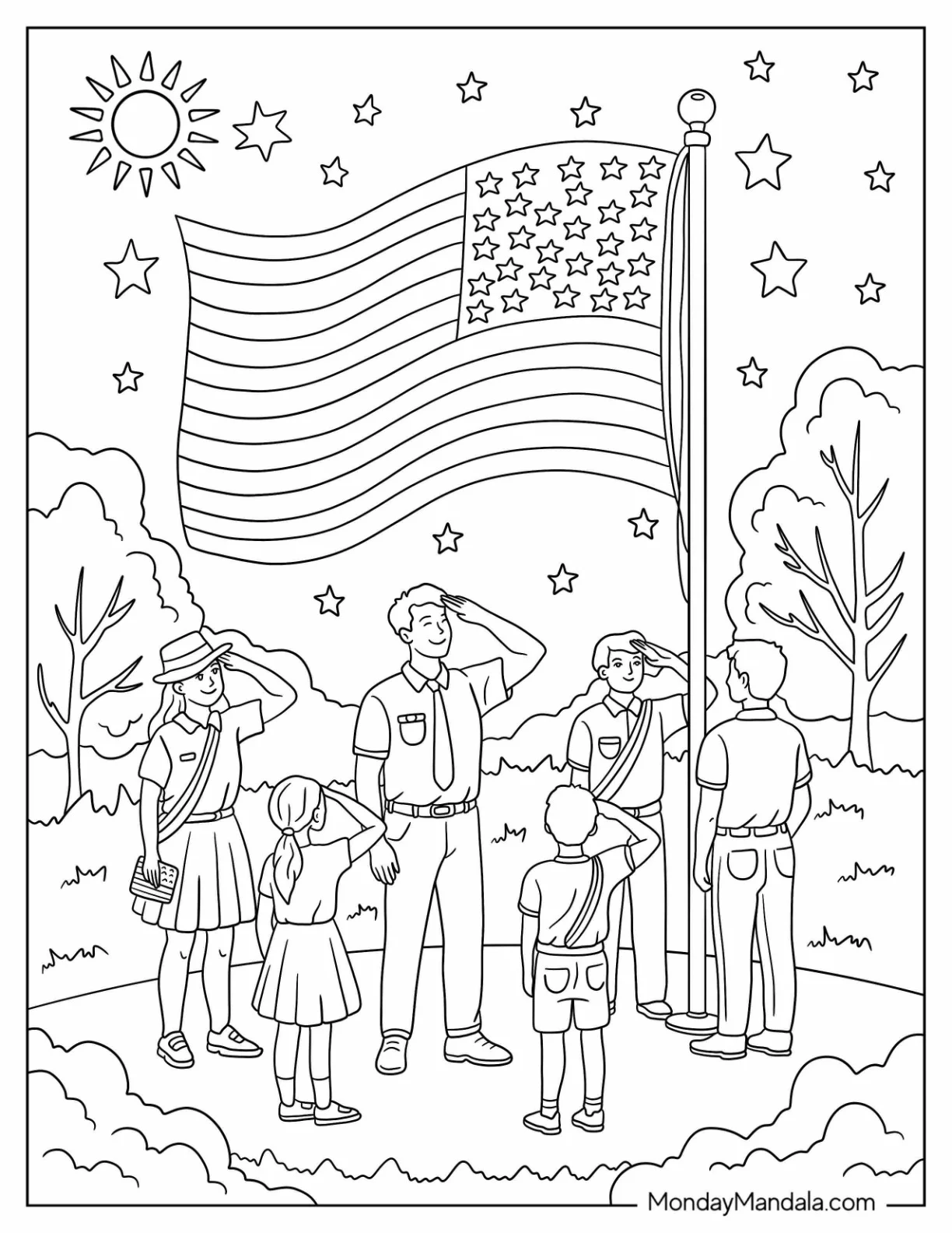 Patriotic Flag Raising Ceremony with Kids and Adults on 4th of July Coloring Page coloring page