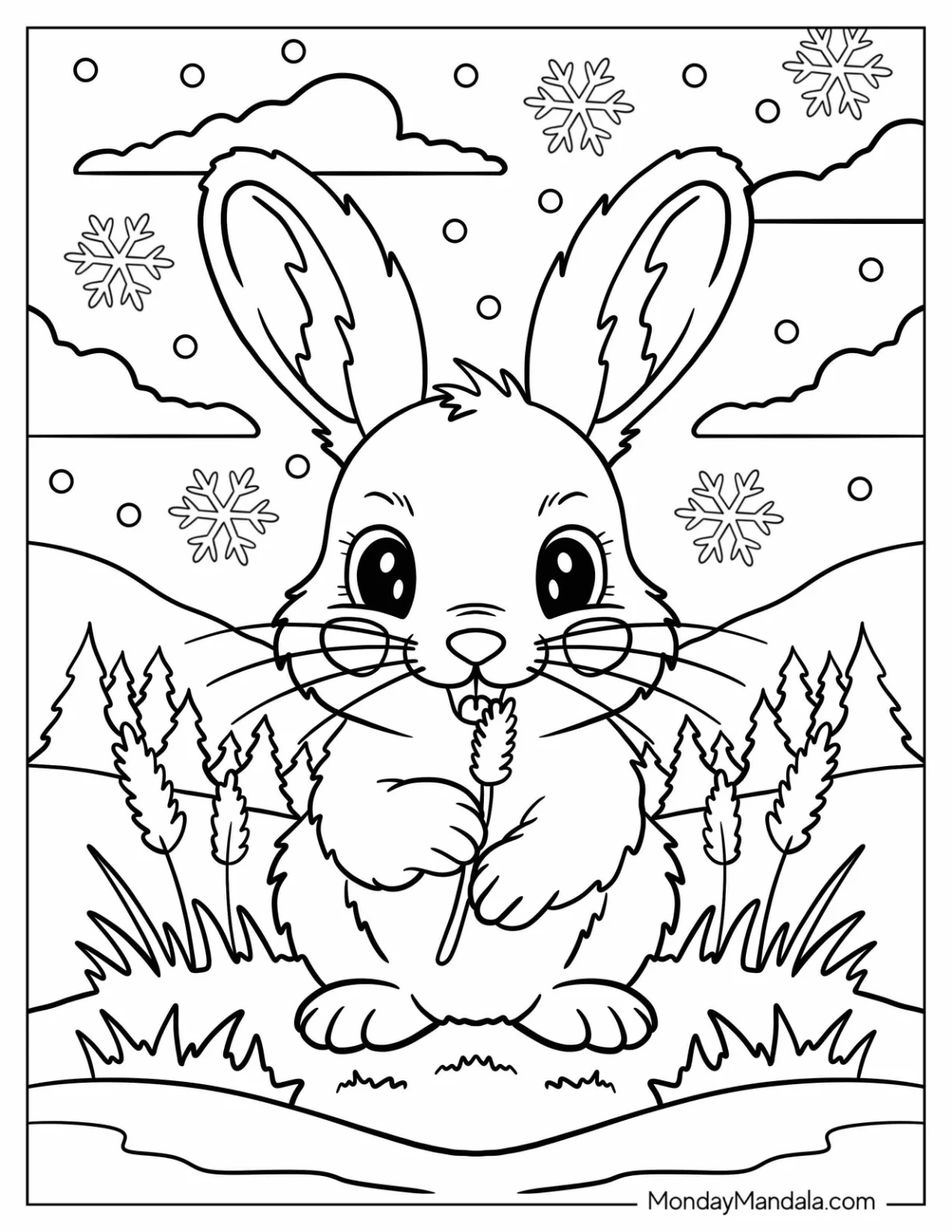 Arctic Animals Coloring Page of Cute Hare Holding Grass in Snowy Meadow coloring page