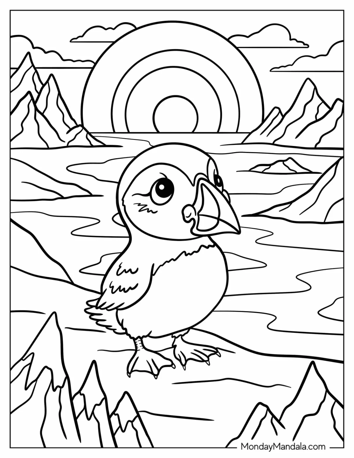 Arctic Animals Coloring Page of Cute Puffin Standing on Cliff coloring page