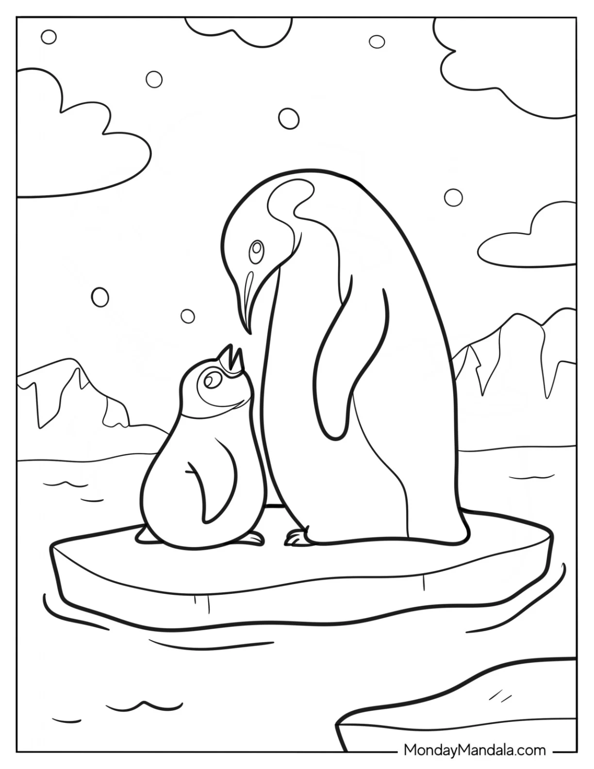 Arctic Animals Coloring Page Of Emperor Penguin With Baby Penguin On A Piece Of Ice coloring page — printable line art