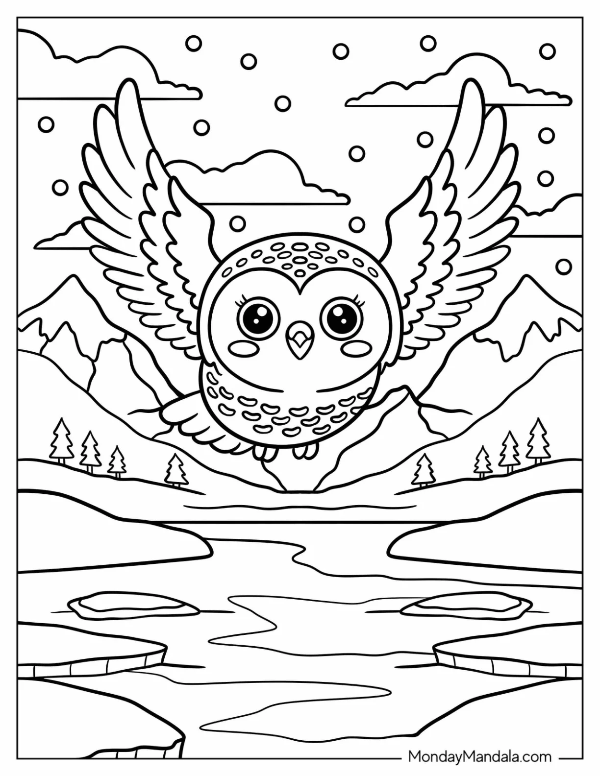 Arctic Animals Coloring Page of Flying Snowy Owl Over Frozen Lake coloring page
