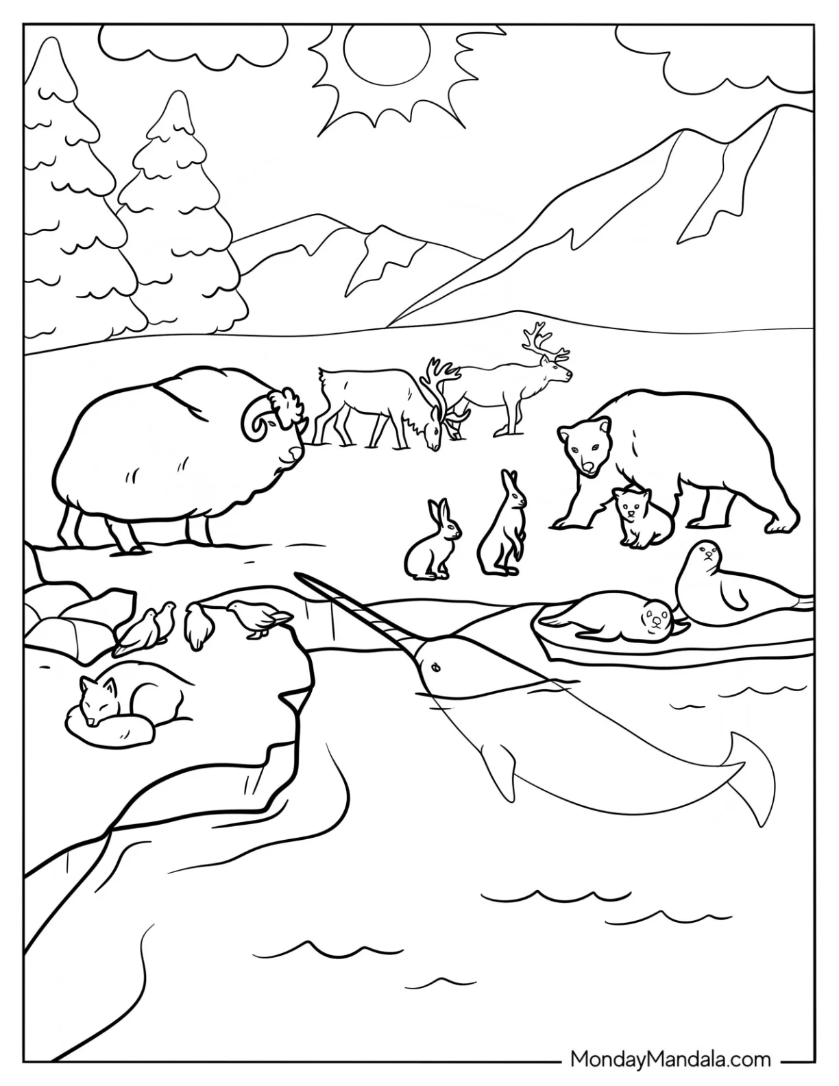 Arctic Animals Coloring Page Of Fox, Narwhal, Seal, Polar Bear, Reindeer, And Musk Ox coloring page