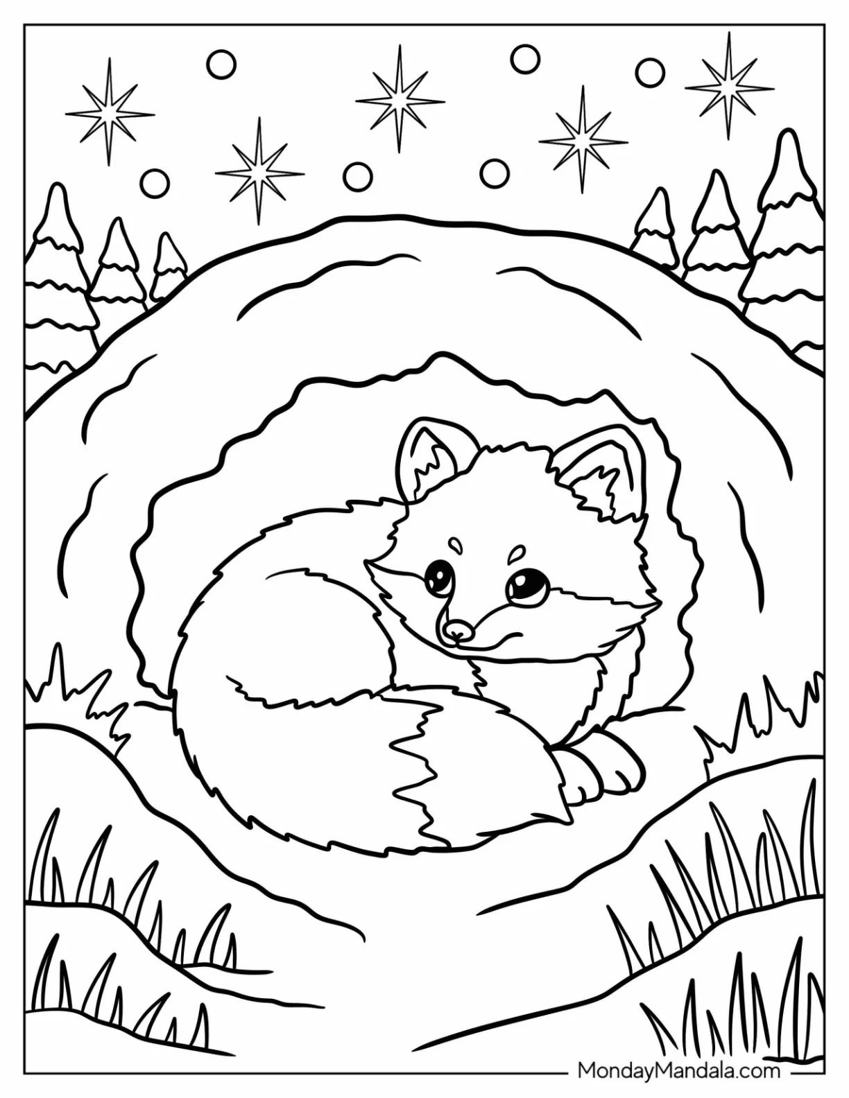 Arctic Animals Coloring Page of Fox Resting Inside Snow Den for Preschoolers coloring page