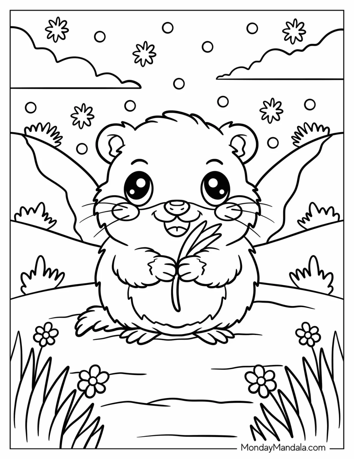 Arctic Animals Coloring Page of Lemming Holding Grass on Rocky Ground with Blossoms and Mountains coloring page