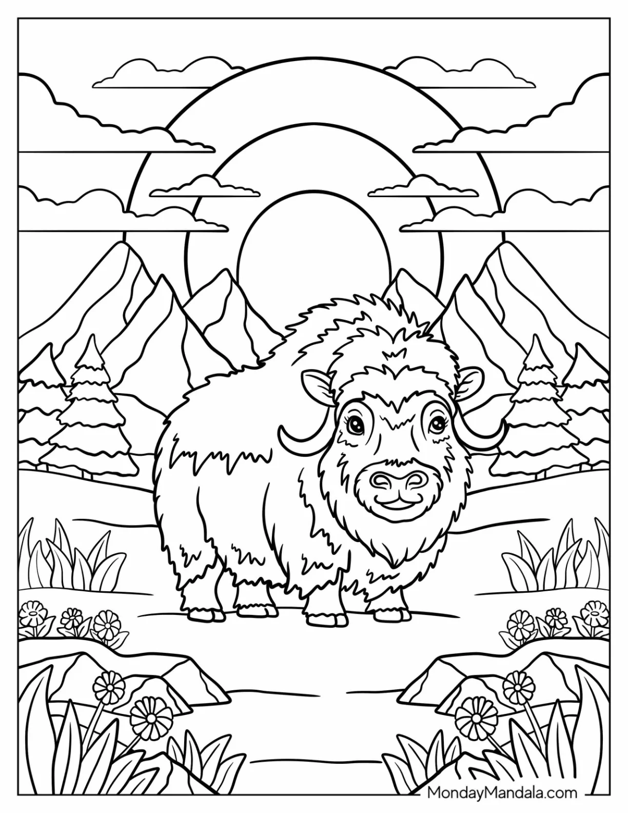 Arctic Animals Coloring Page of Musk Ox Beneath Snowy Peaks and Clouded Sky coloring page