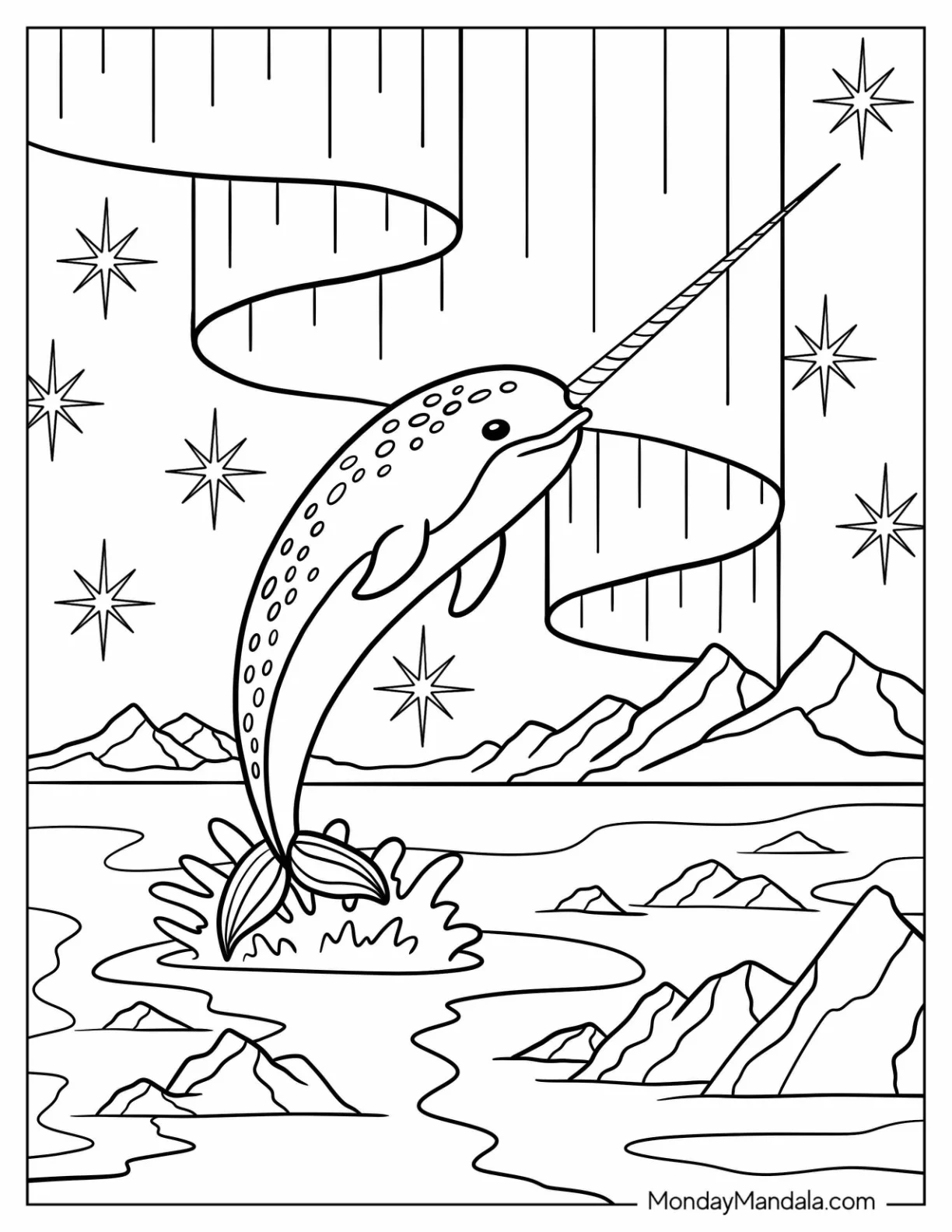 Arctic Animals Coloring Page of Narwhal Jumping Through Waters Under Northern Lights coloring page