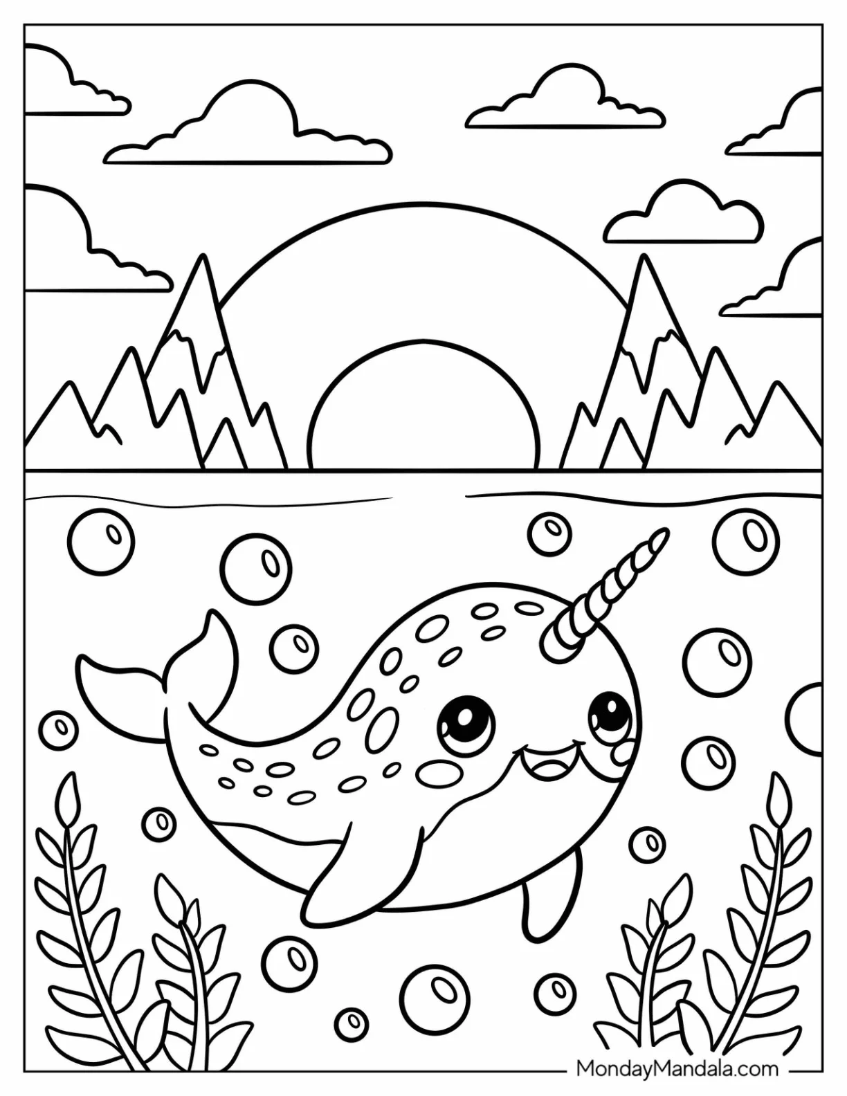 Arctic Animals Coloring Page of Narwhal Swimming Beneath Sunset for Kids coloring page