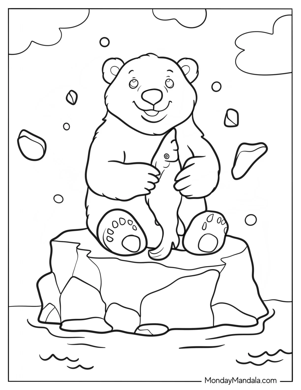 Arctic Animals Coloring Page Of Polar Bear Catching Fish On An Iceberg coloring page