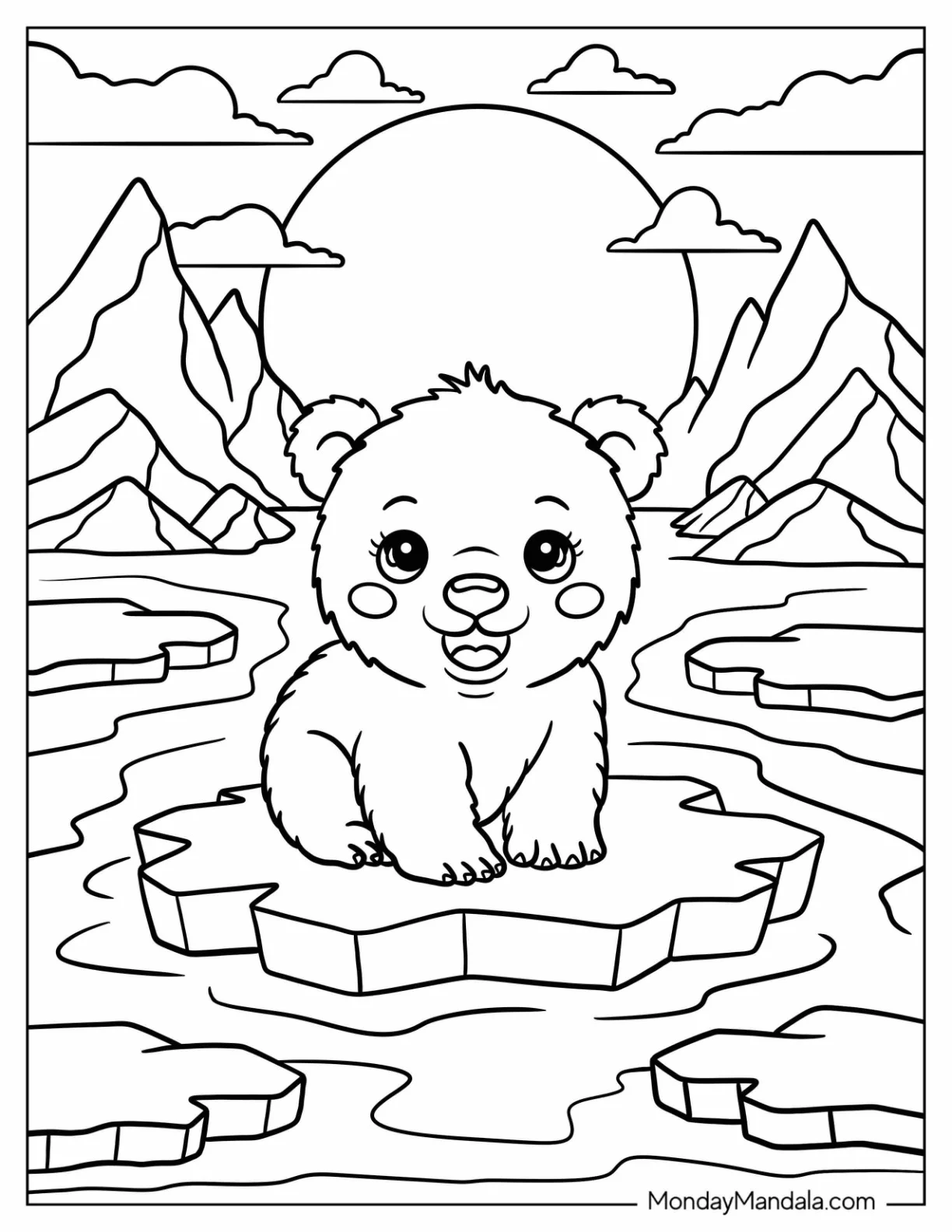 Arctic Animals Coloring Page of Polar Bear Cub Sitting on Floating Ice for Kids coloring page