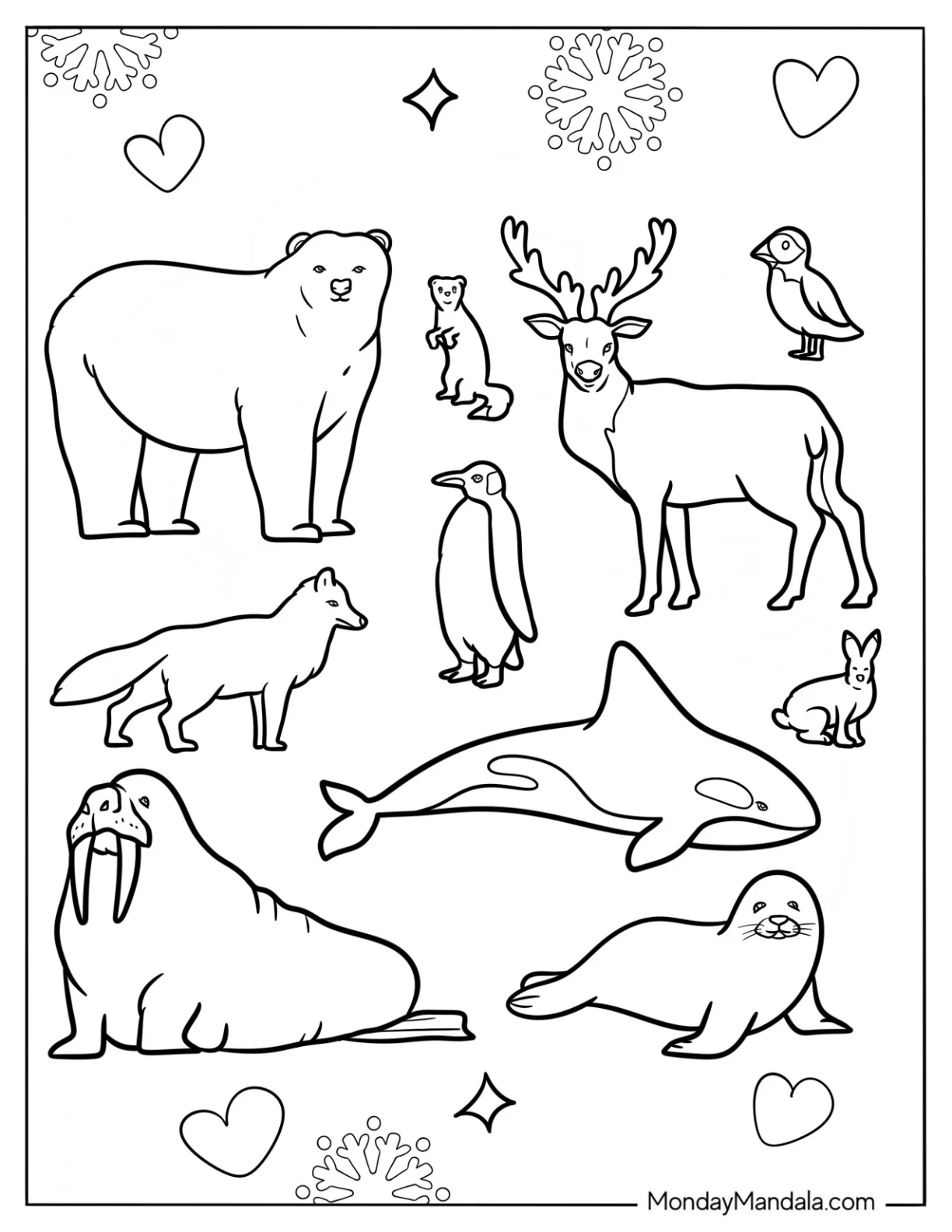 Arctic Animals Coloring Page Of Polar Bear, Hare, Seal, Whale, Fox, Owl, Puffin, Walrus, And Lemming coloring page