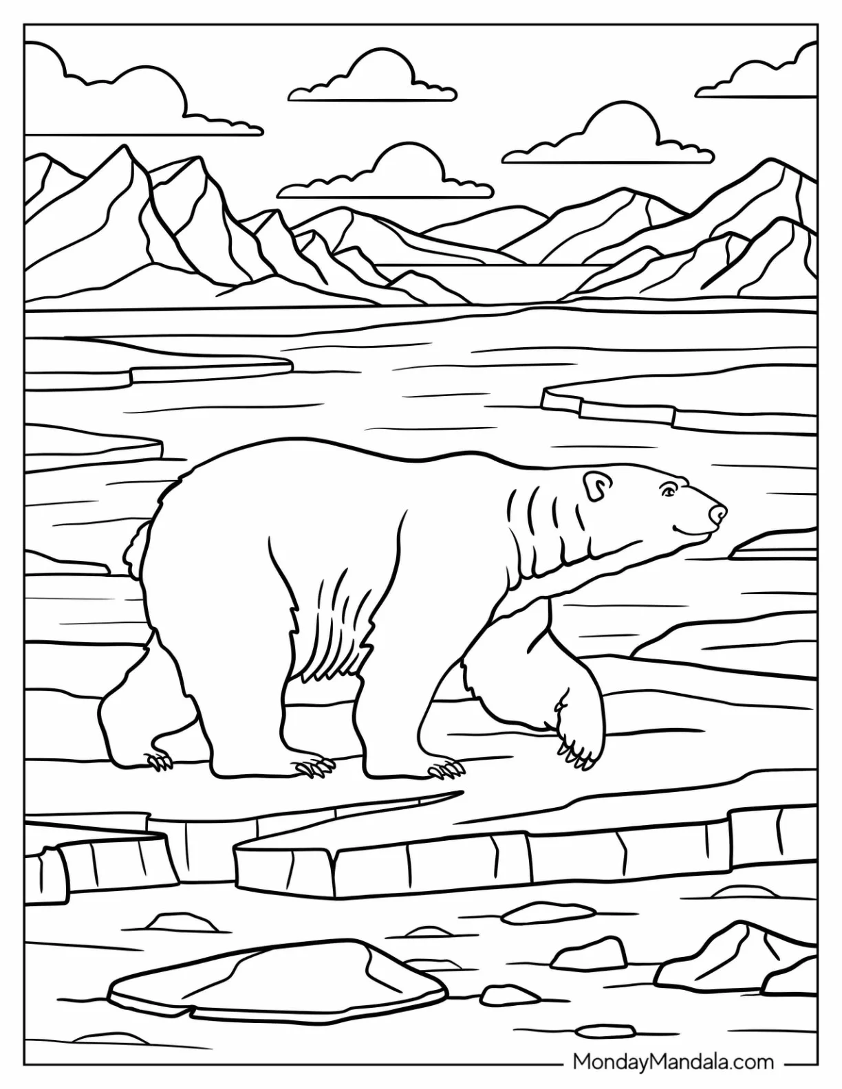 Arctic Animals Coloring Page of Polar Bear Walking Across Ice Field coloring page