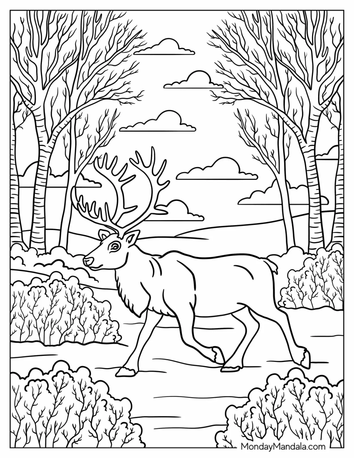 Arctic Animals Coloring Page of Reindeer in Winter Woodland coloring page