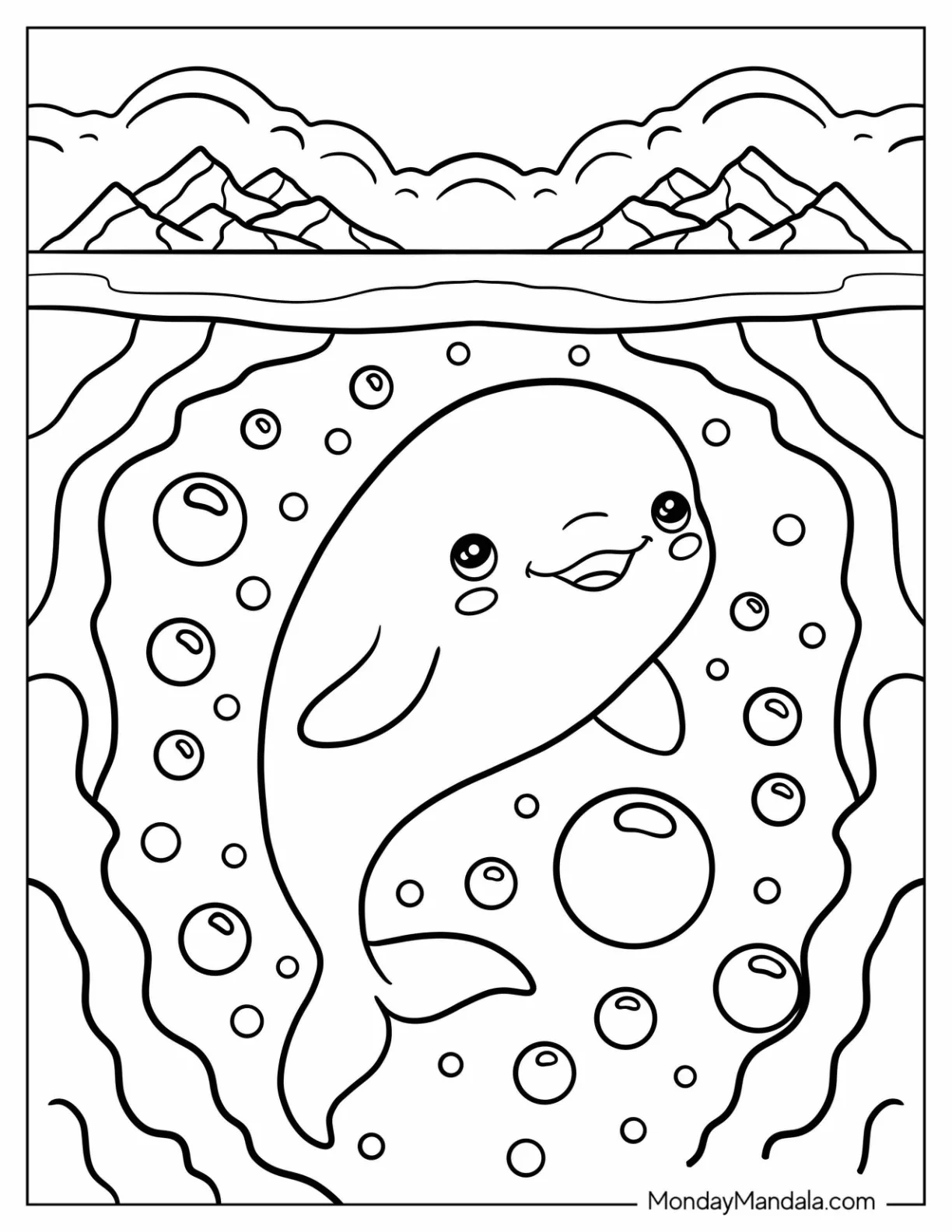 Arctic Animals Coloring Page of Smiling Beluga Whale Swimming Under Ice for Kids coloring page