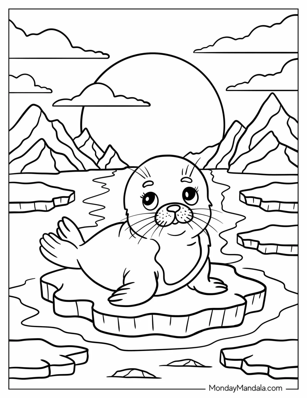 Arctic Animals Coloring Page of Wild Seal on Ice Sheet with Snow Capped Peaks for Kids coloring page