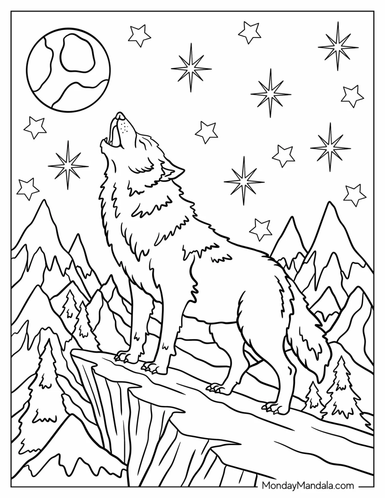 Arctic Animals Coloring Page of Wolf Howling Under Starry Sky coloring page