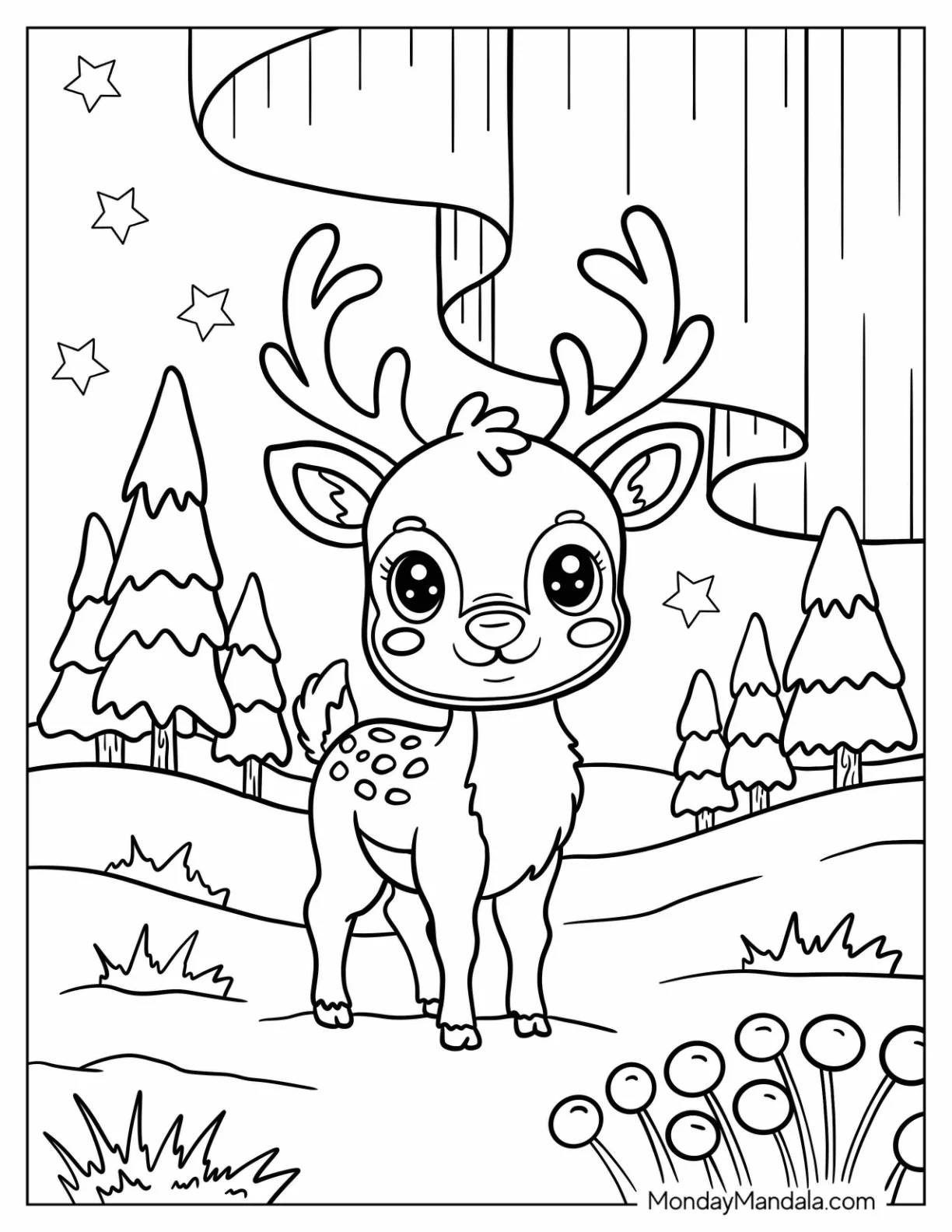 Arctic Animals Coloring Page of Young Reindeer Standing in Snowy Forest for Preschoolers coloring page