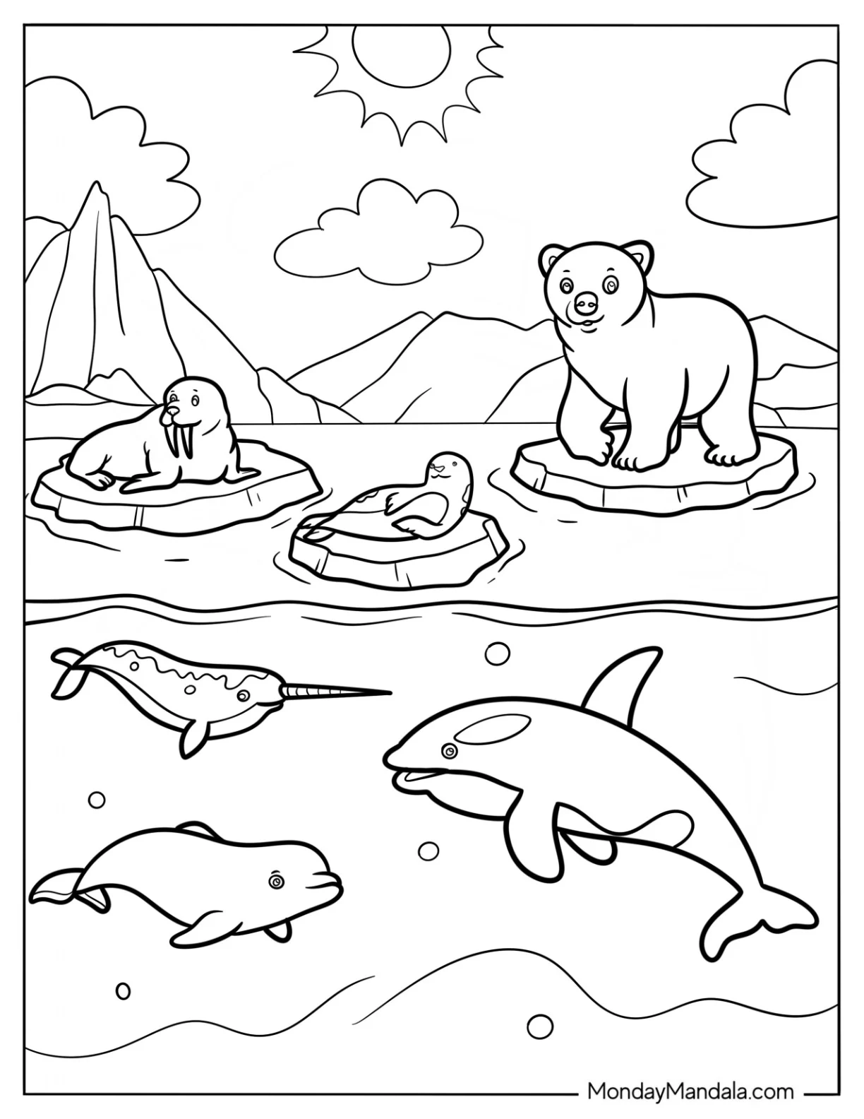 Arctic Animals Coloring Page On Ice For Kids coloring page — printable line art