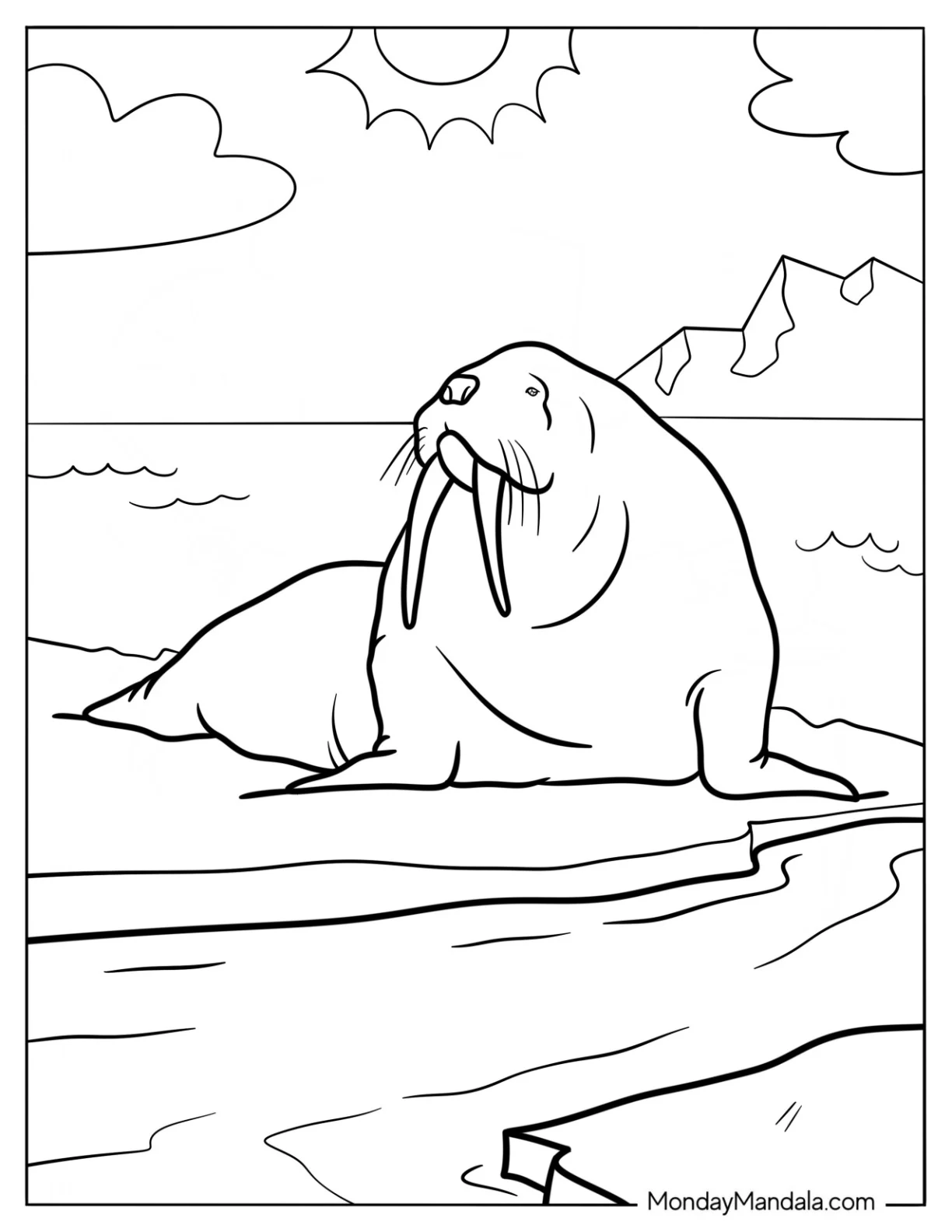 Large Arctic Animals Coloring Page Of Walrus On Ice coloring page