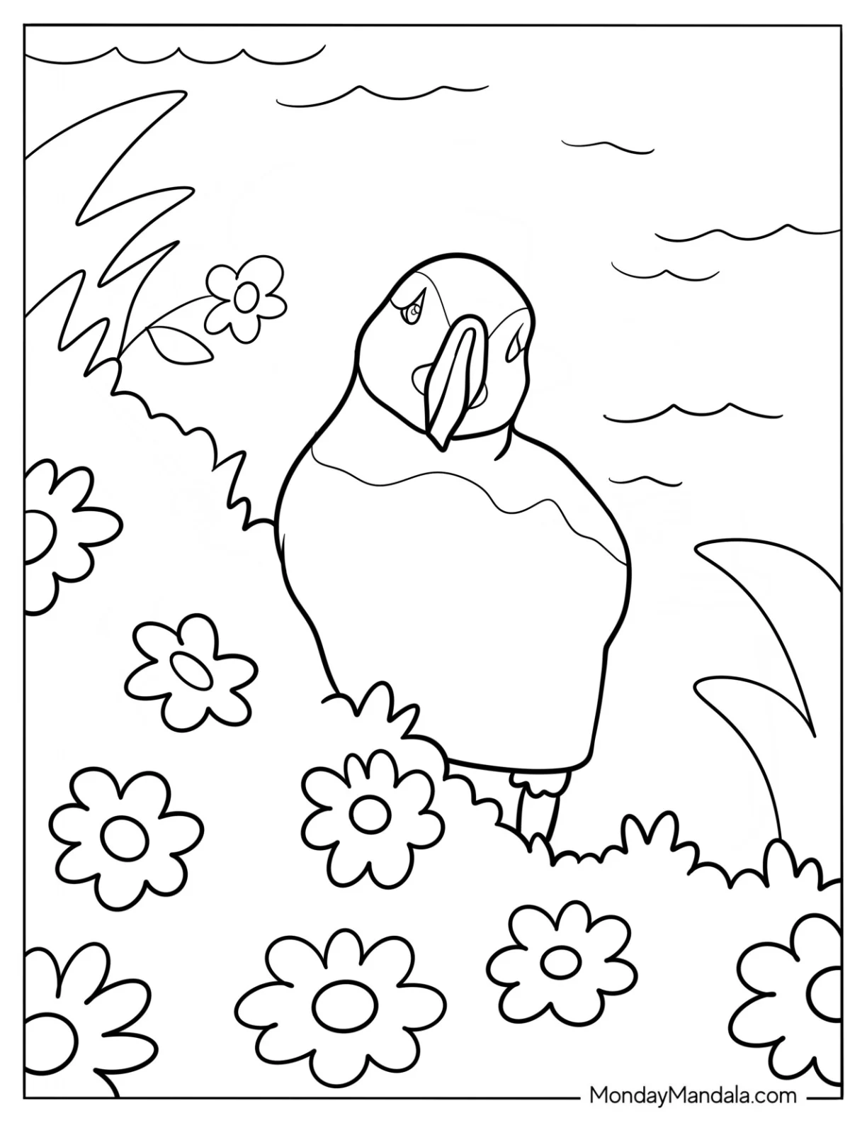 Puffin On A Flower Field Beside The Sea Arctic Animals Coloring Page coloring page